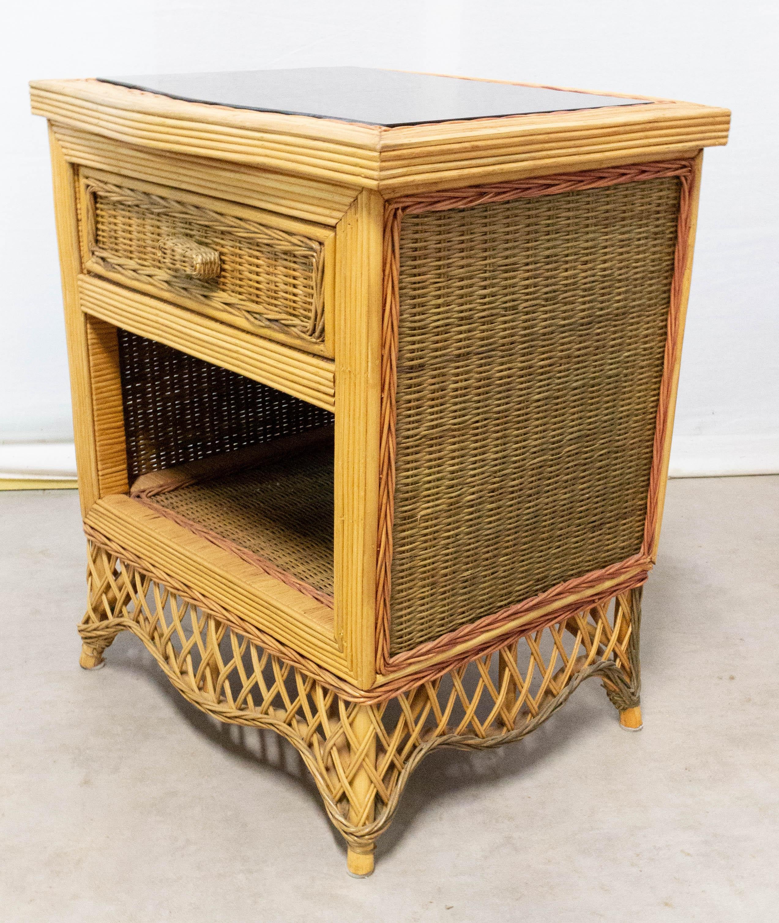 Pair of Rattan Nightstands Mirror Top Side Cabinets Bedside Tables, French 1