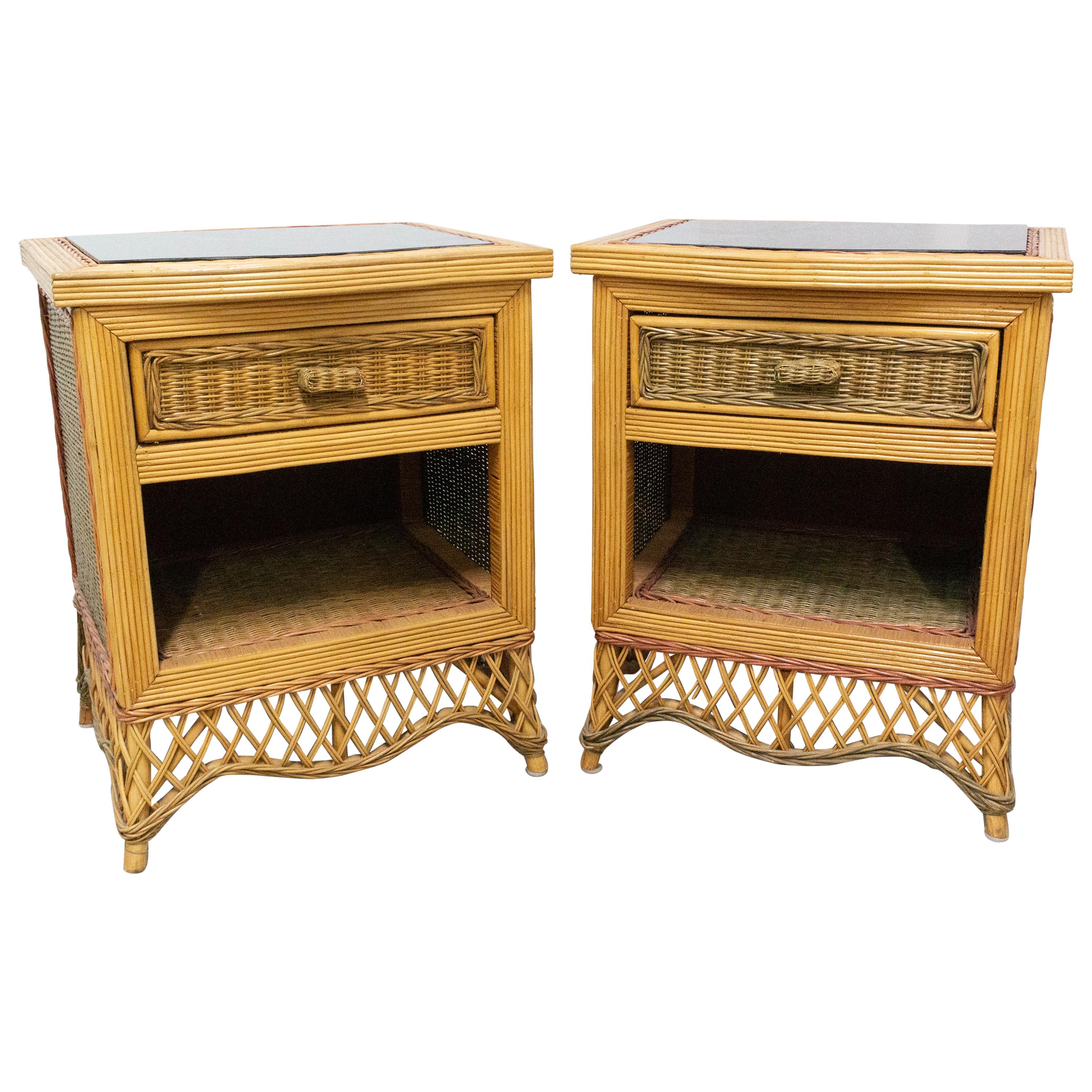 Pair of Rattan Nightstands Mirror Top Side Cabinets Bedside Tables, French