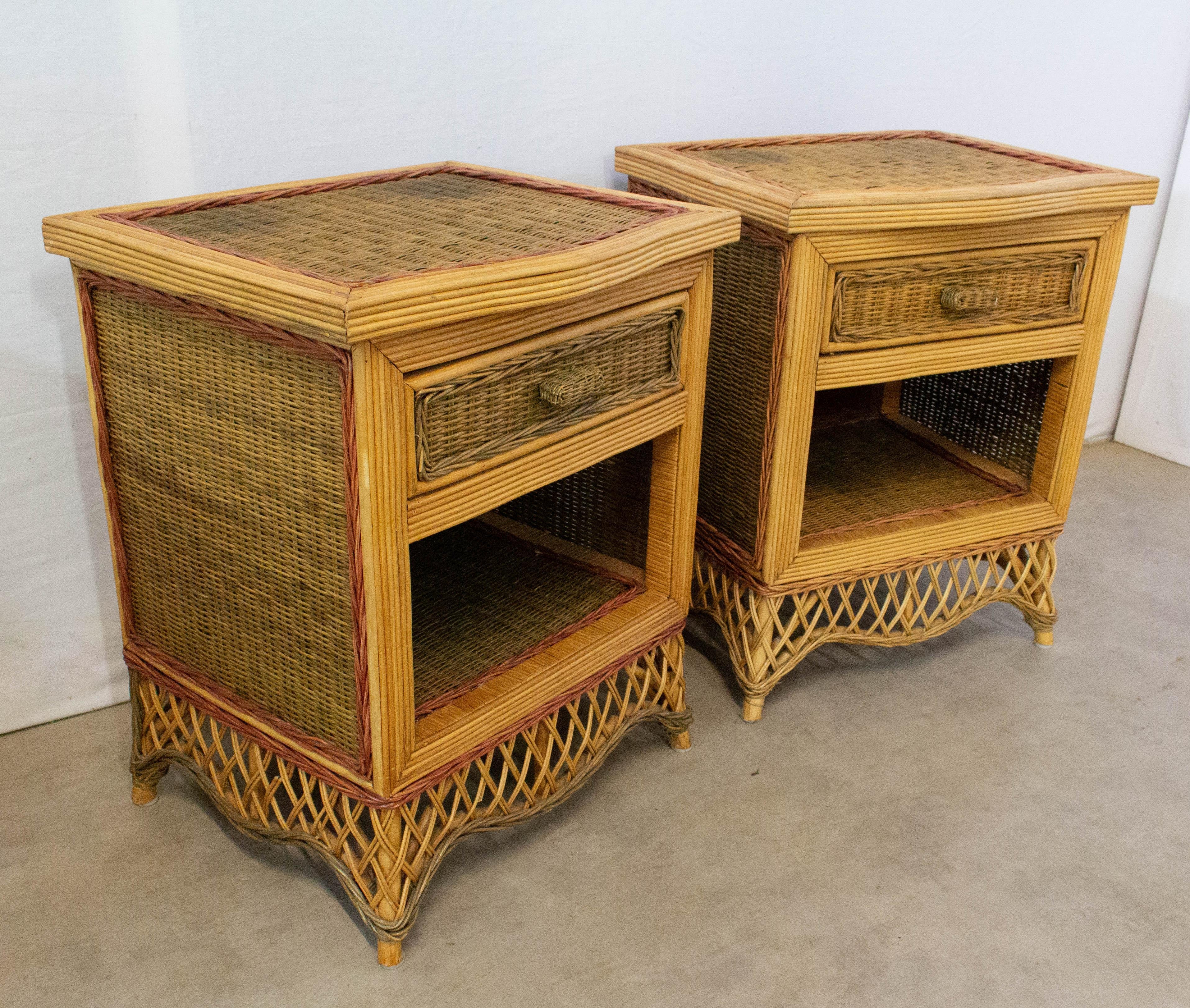 Mid-Century Modern Pair of Rattan Nightstands Side Cabinets Bedside Tables French, circa 1990
