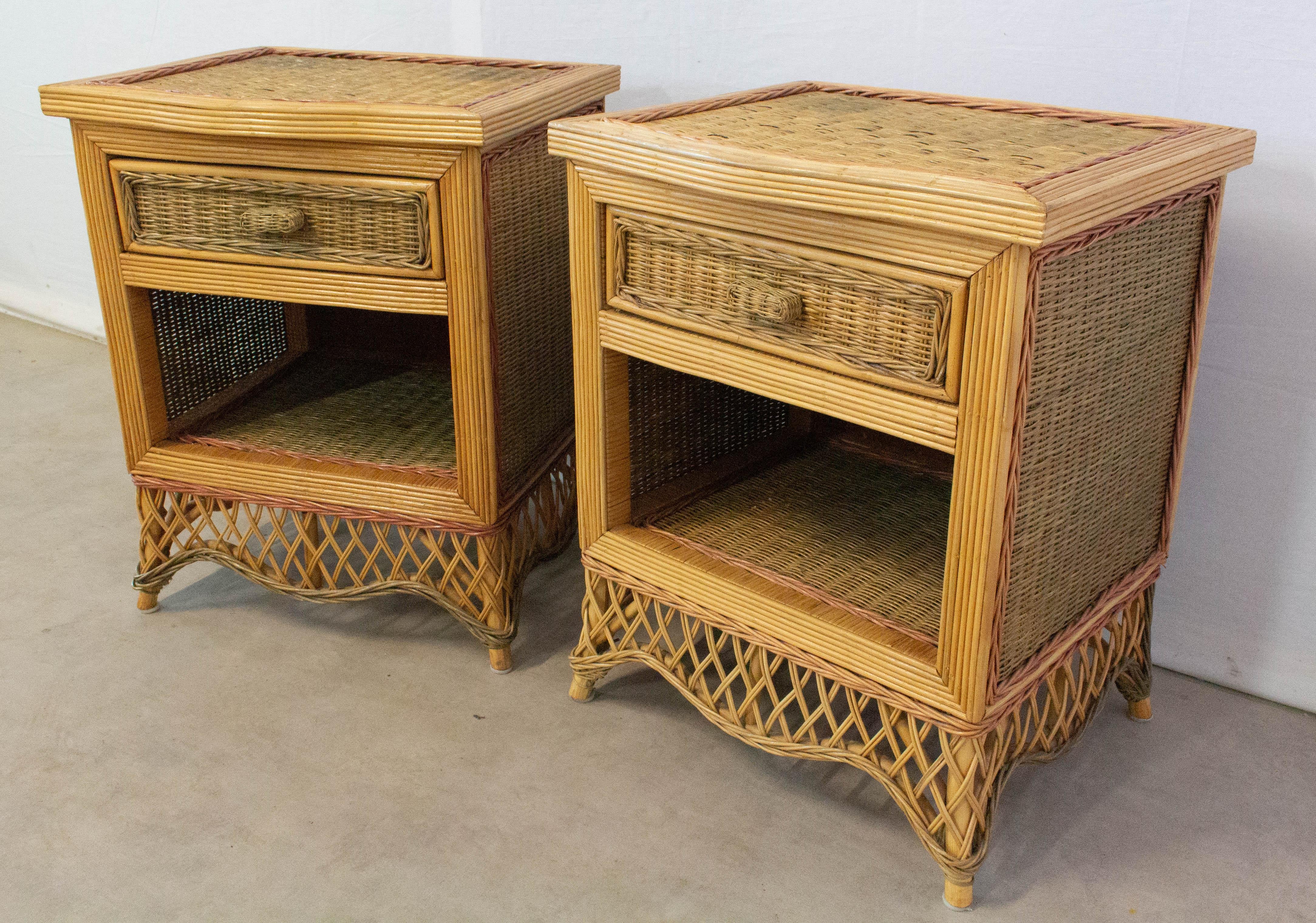 20th Century Pair of Rattan Nightstands Side Cabinets Bedside Tables French, circa 1990