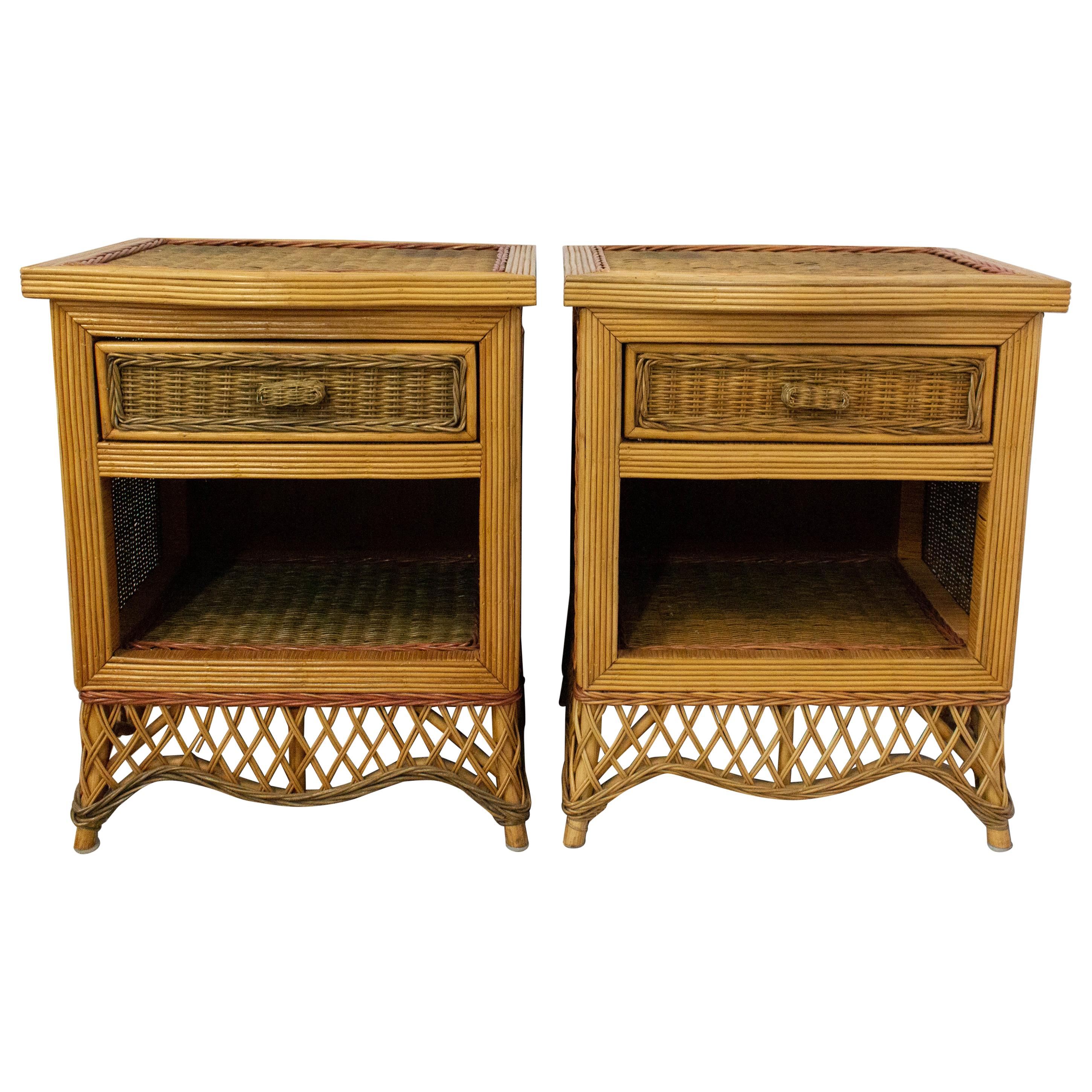 Pair of Rattan Nightstands Side Cabinets Bedside Tables French, circa 1990