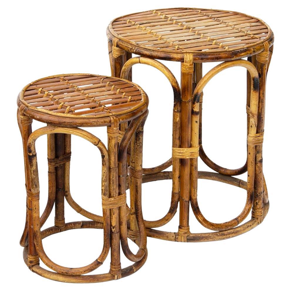 Pair of Rattan Ottomans or Stools For Sale