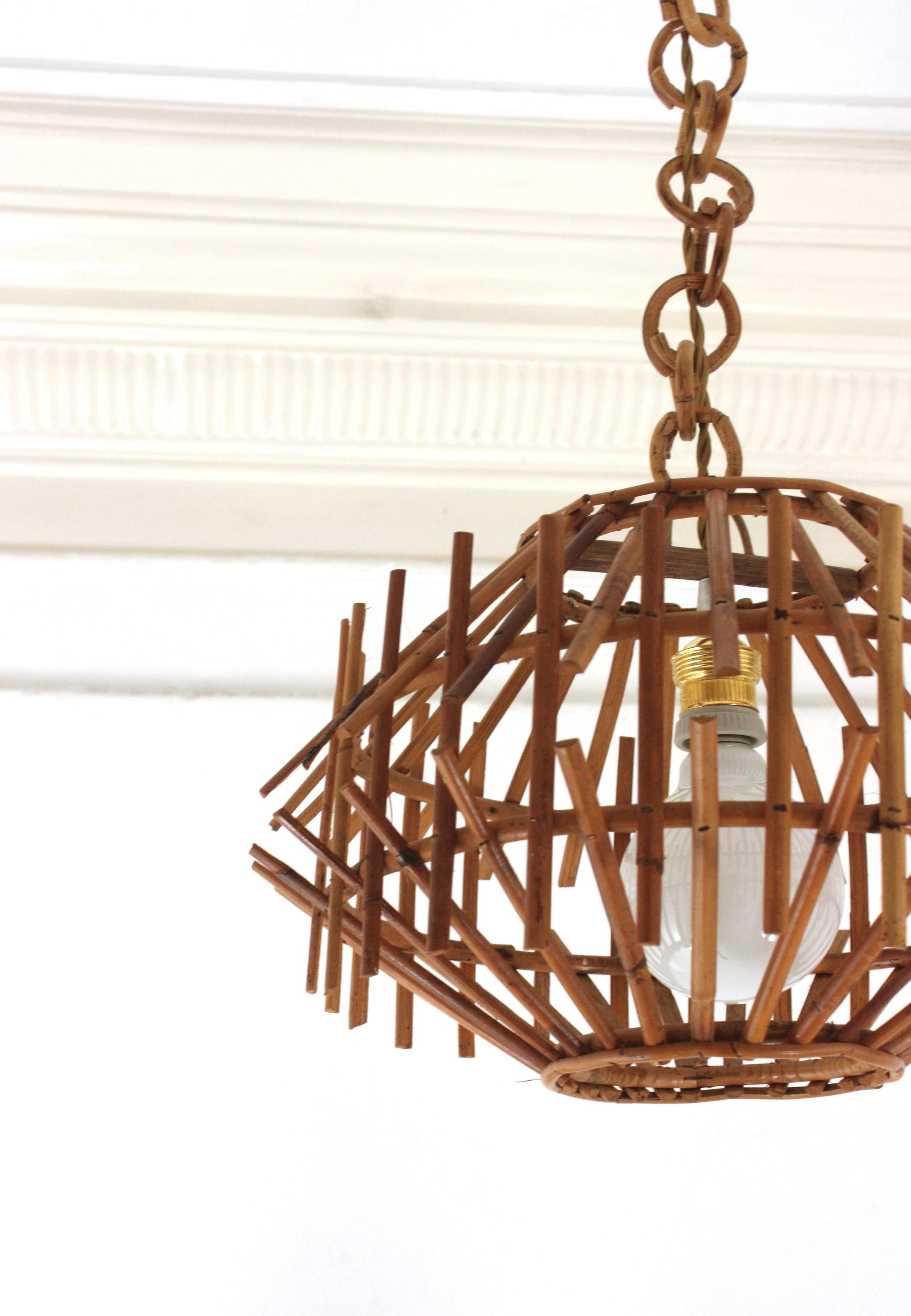 Pair of Rattan Pagoda Pendant Lights or Lanterns, 1960s For Sale 8