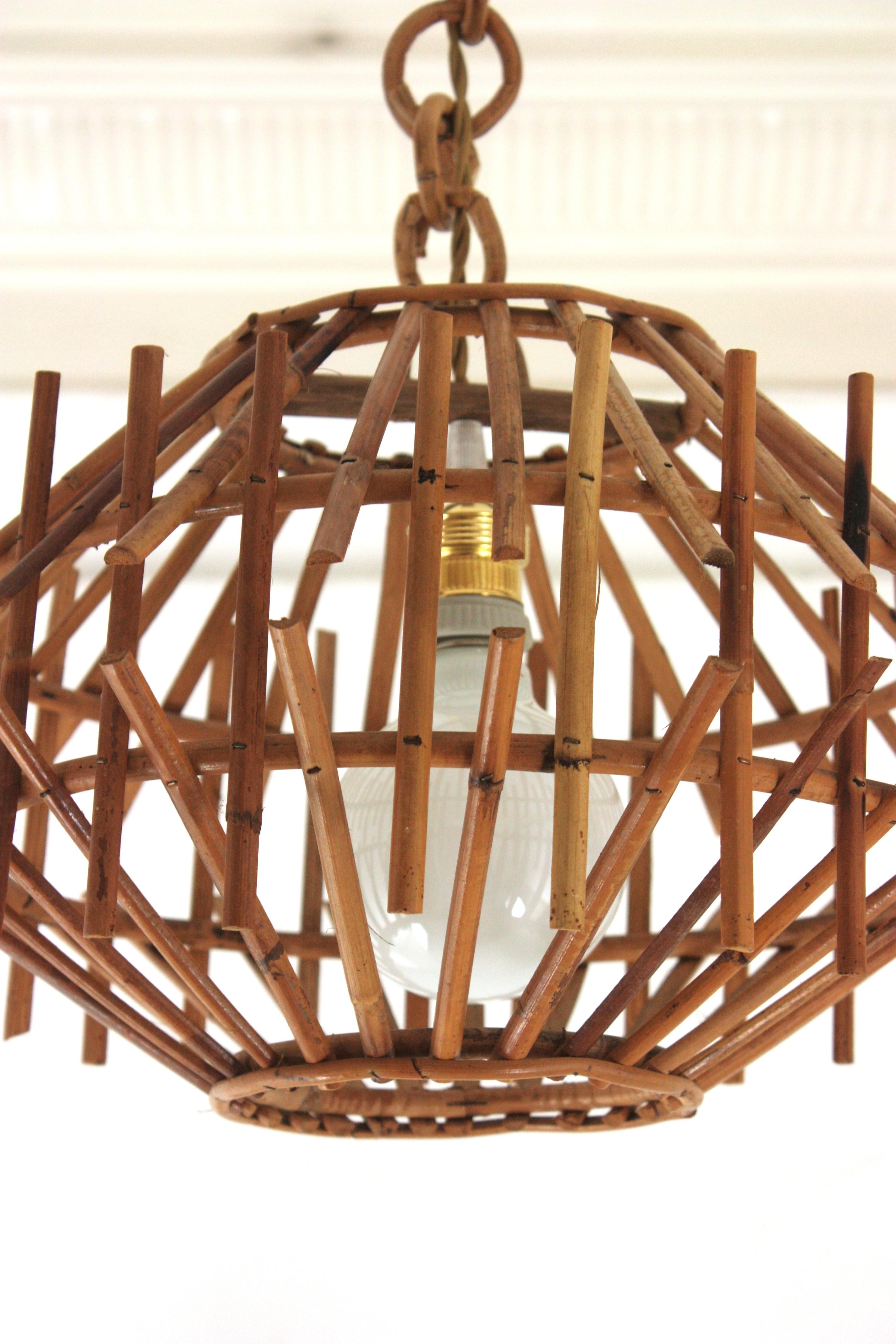 Wicker Pair of Rattan Pagoda Pendant Lights or Lanterns, 1960s For Sale