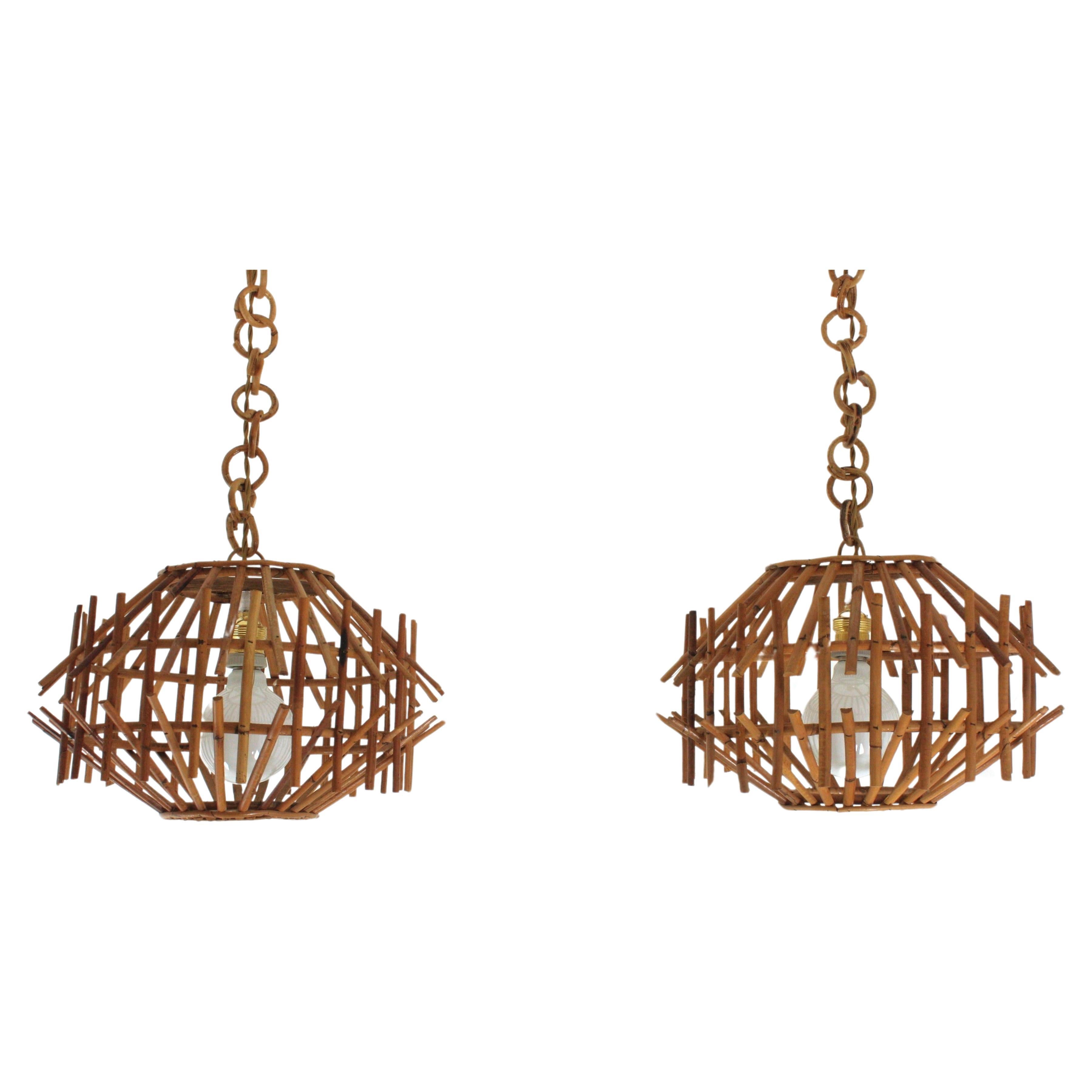 Pair of Rattan Pagoda Pendant Lights or Lanterns, 1960s For Sale