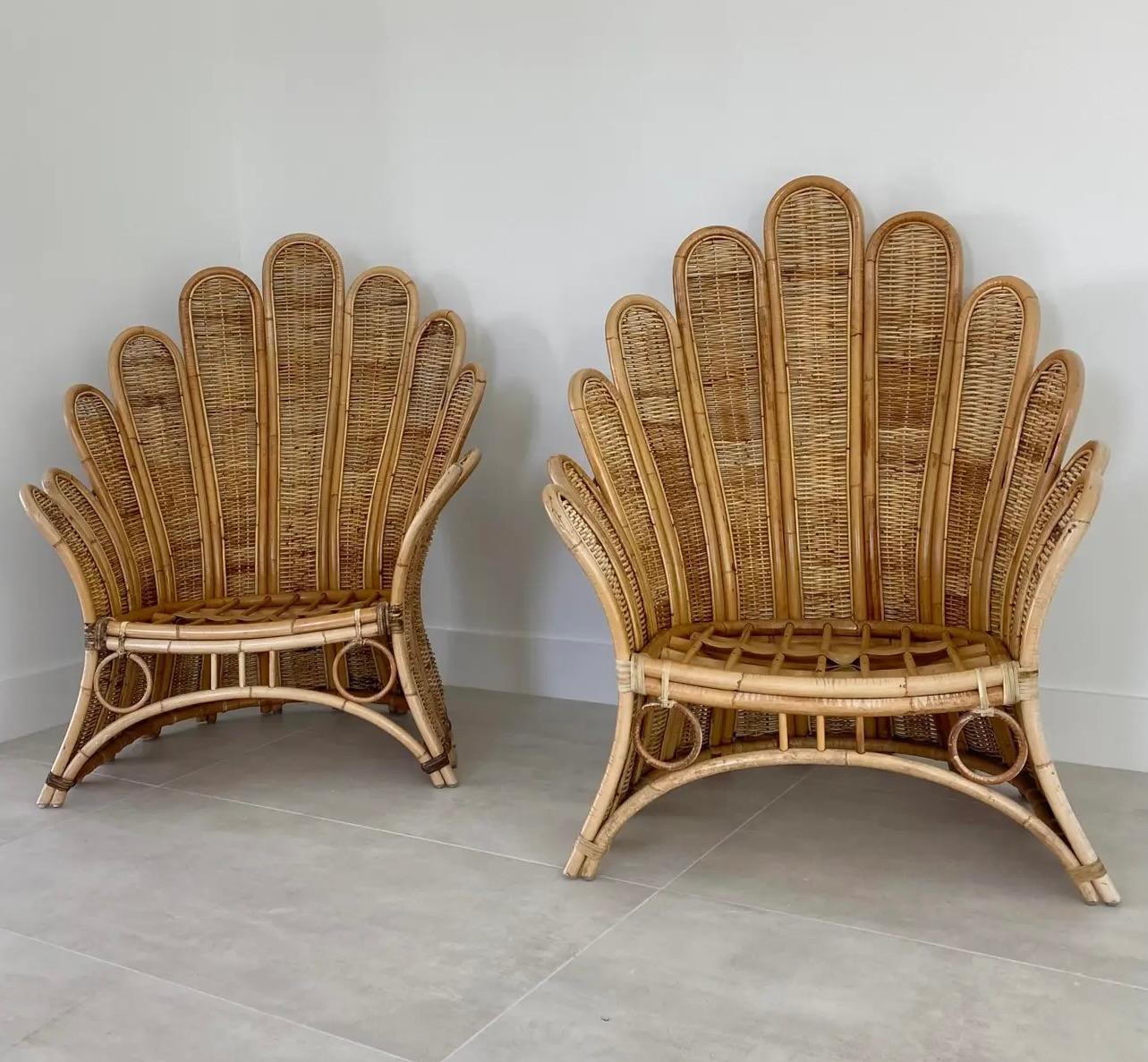 Hollywood Regency Pair of Rattan Palm Frond Lounge Chairs  For Sale