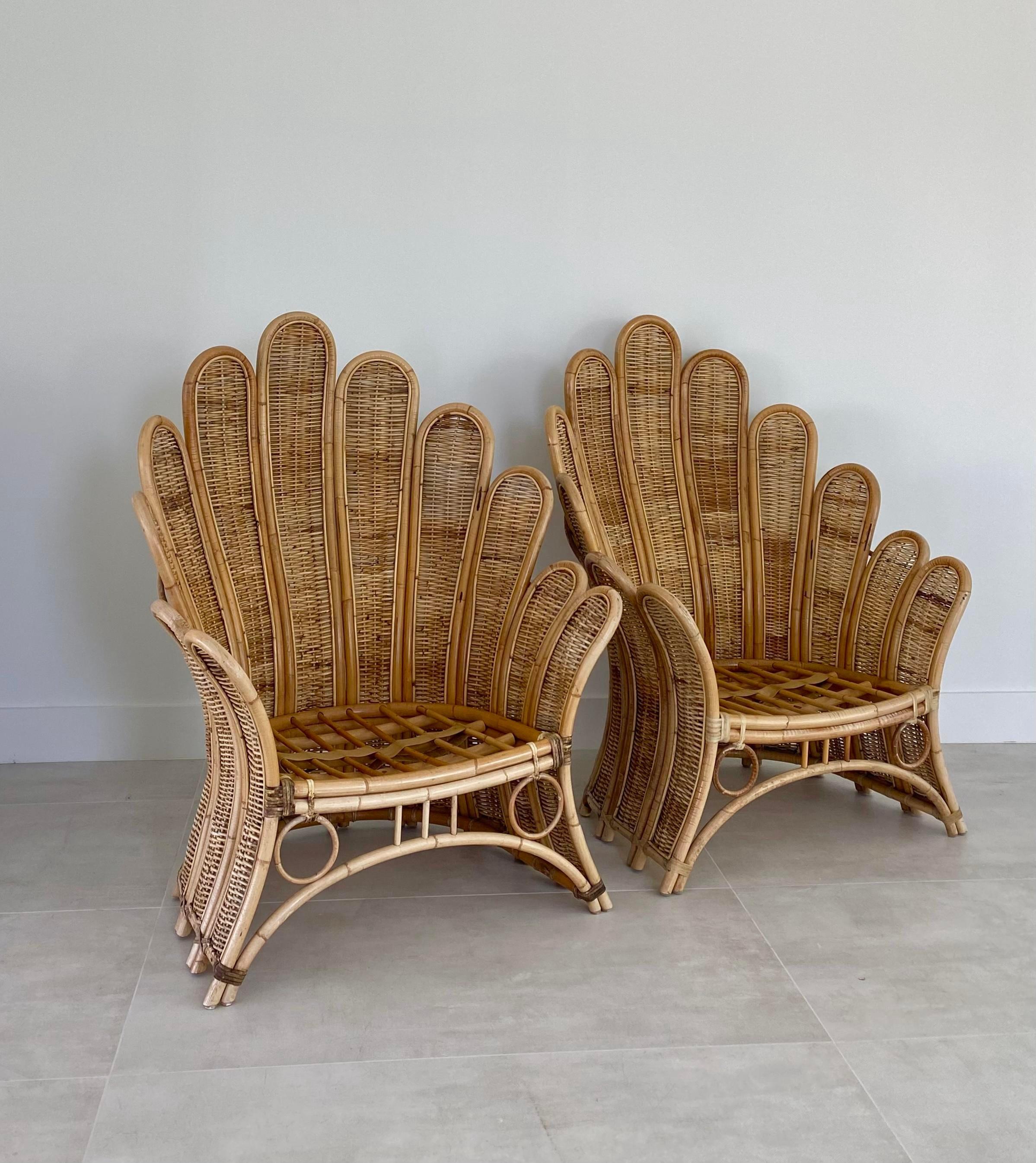 Unknown Pair of Rattan Palm Frond Lounge Chairs  For Sale