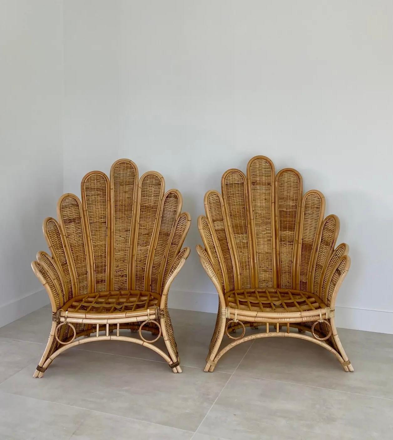Woven Pair of Rattan Palm Frond Lounge Chairs  For Sale