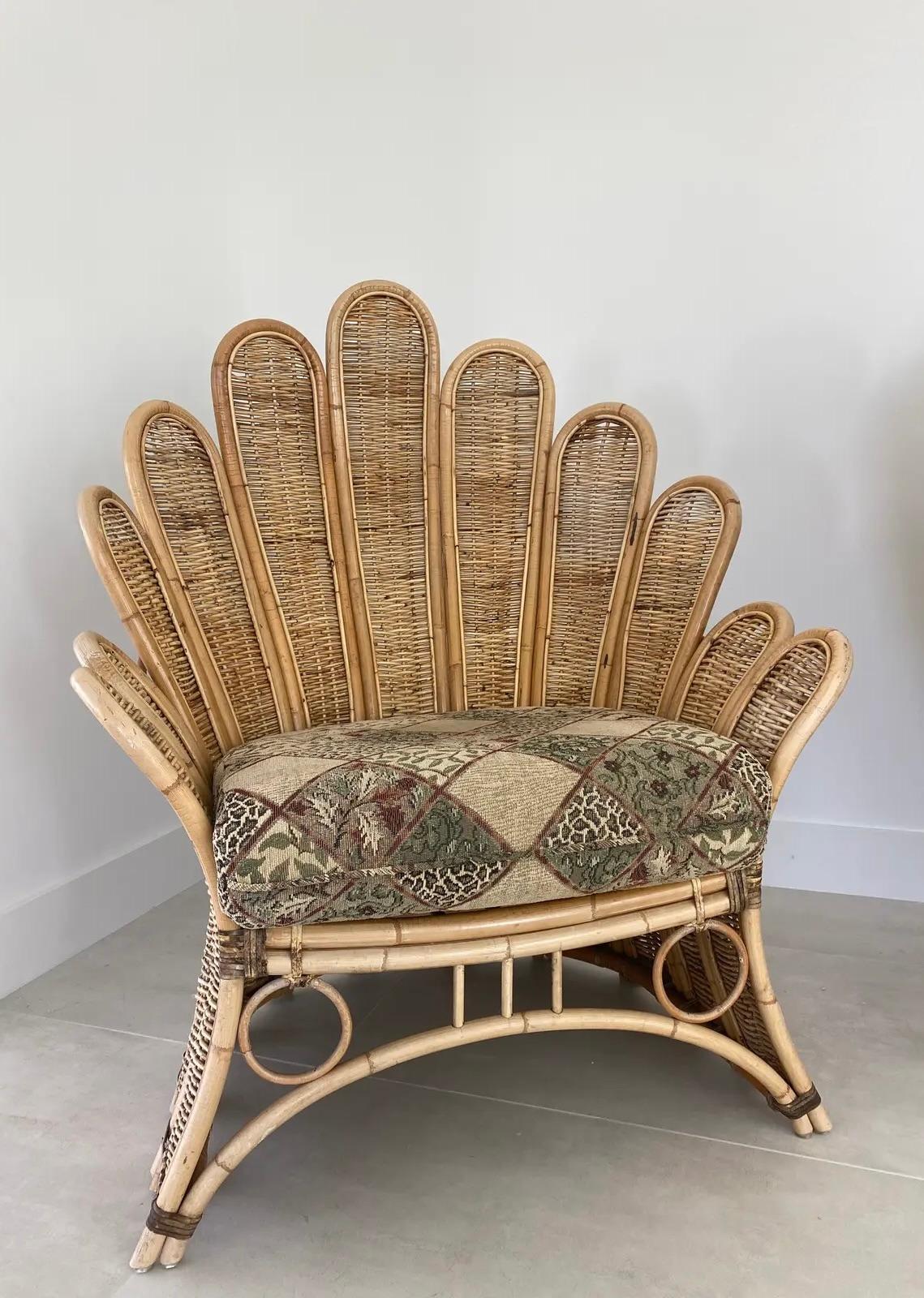Wicker Pair of Rattan Palm Frond Lounge Chairs  For Sale