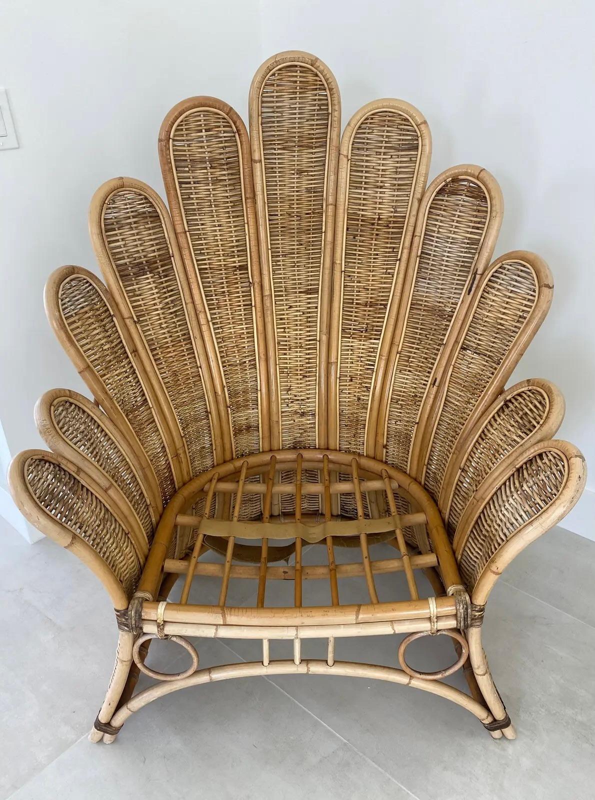 Pair of Rattan Palm Frond Lounge Chairs  For Sale 1