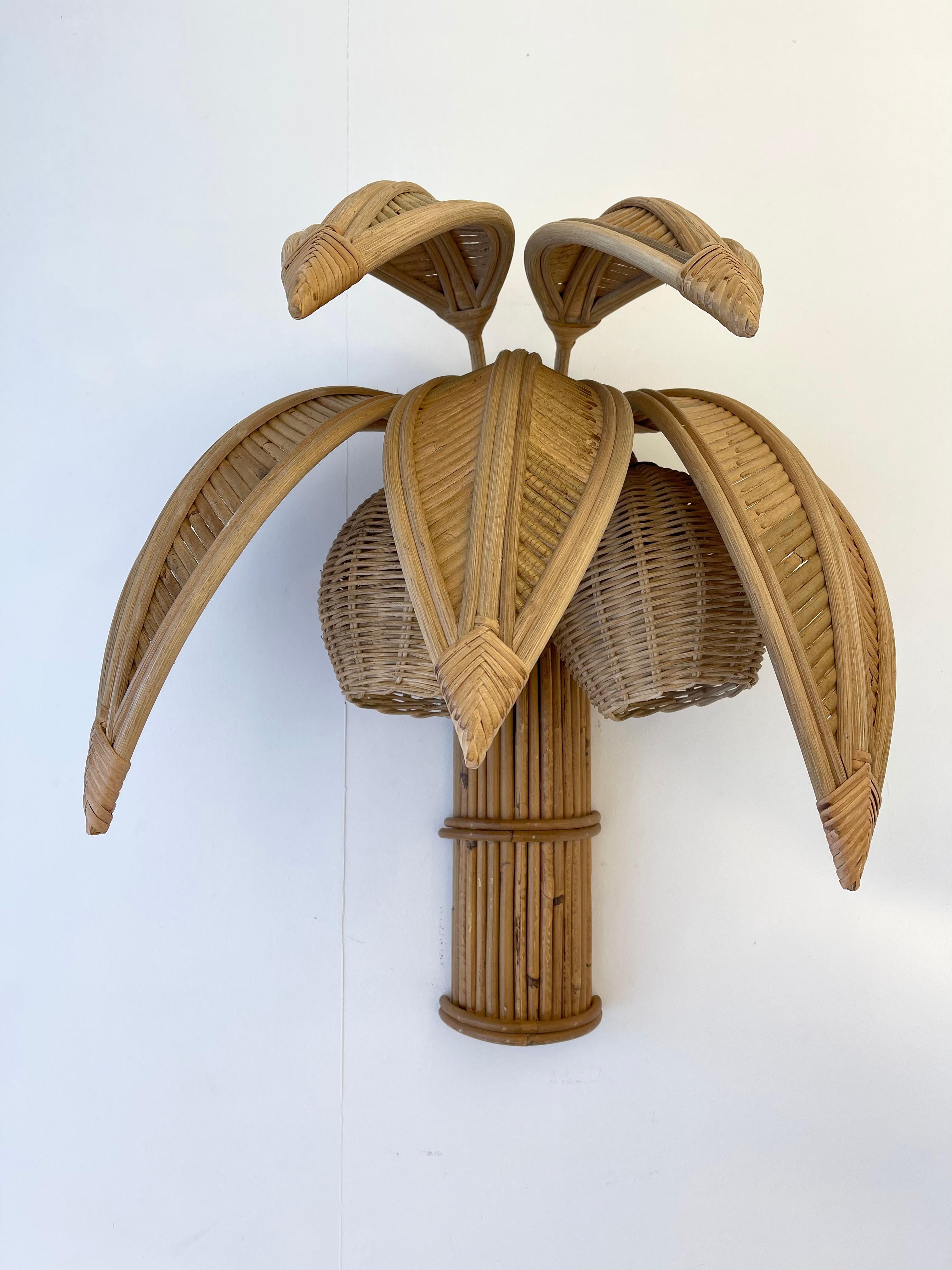 Pair of Rattan Palm Tree Sconces, France, 1980s 4