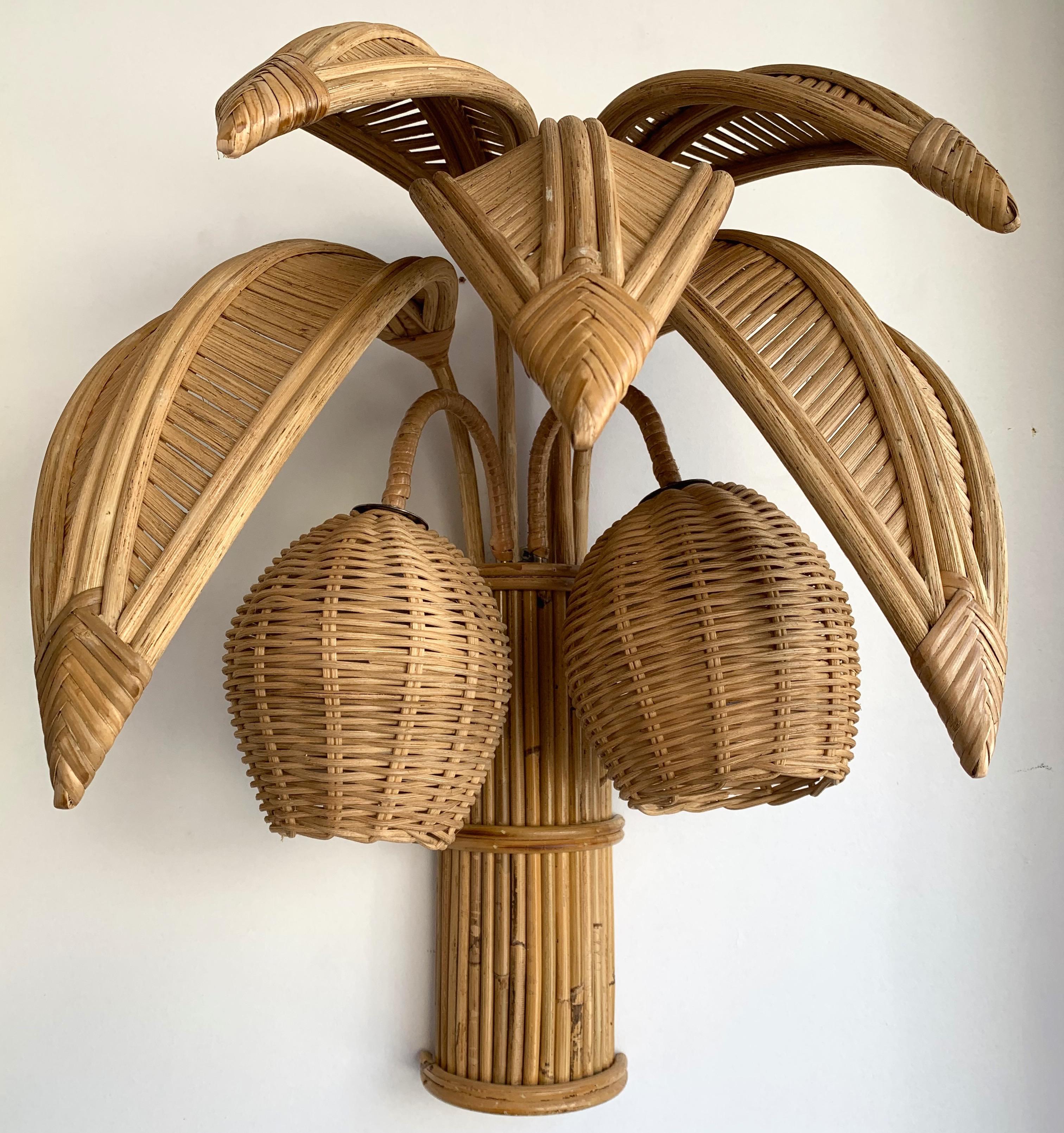 Pair of Rattan Palm Tree Sconces, France, 1980s 6