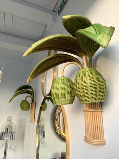 Pair of Rattan Palm Tree Sconces, France, 1980s