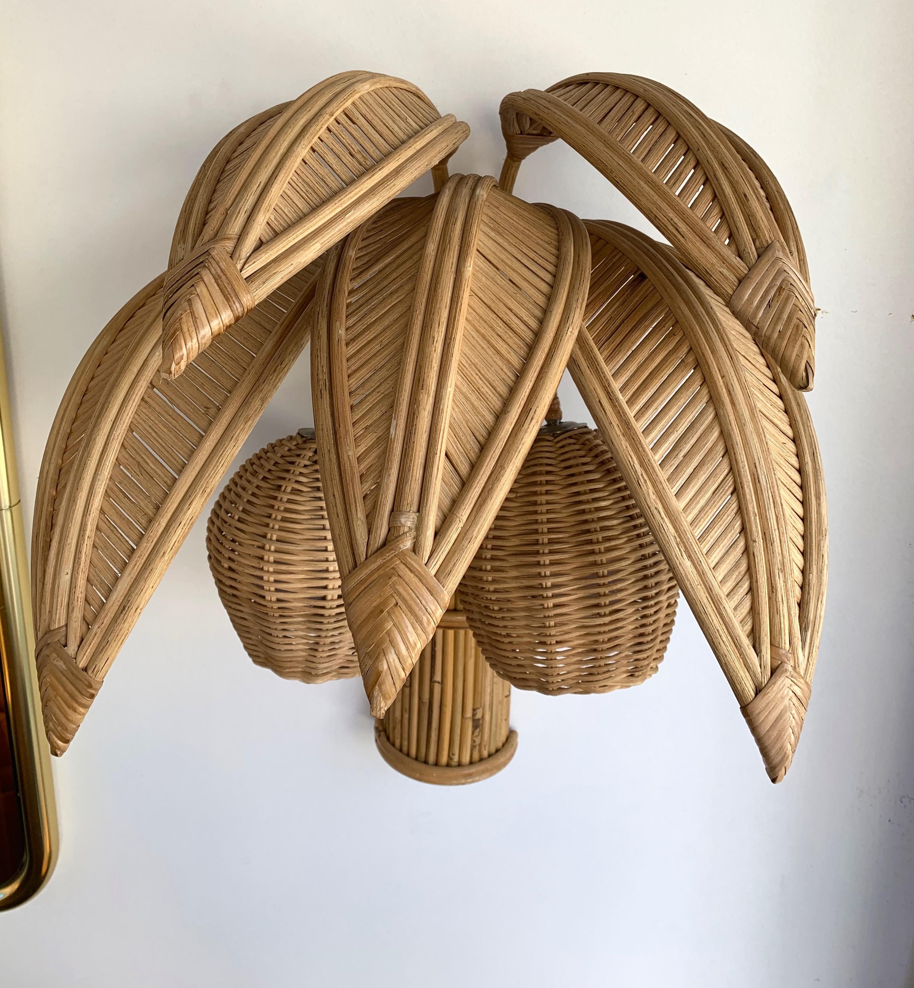 Pair of rattan coconut palm tree wall lights lamps sconces. In the style of Mario Lopez Torres, Galerie Maison & Jardin, Jansen, Dal Vera, Hollywood Regency.