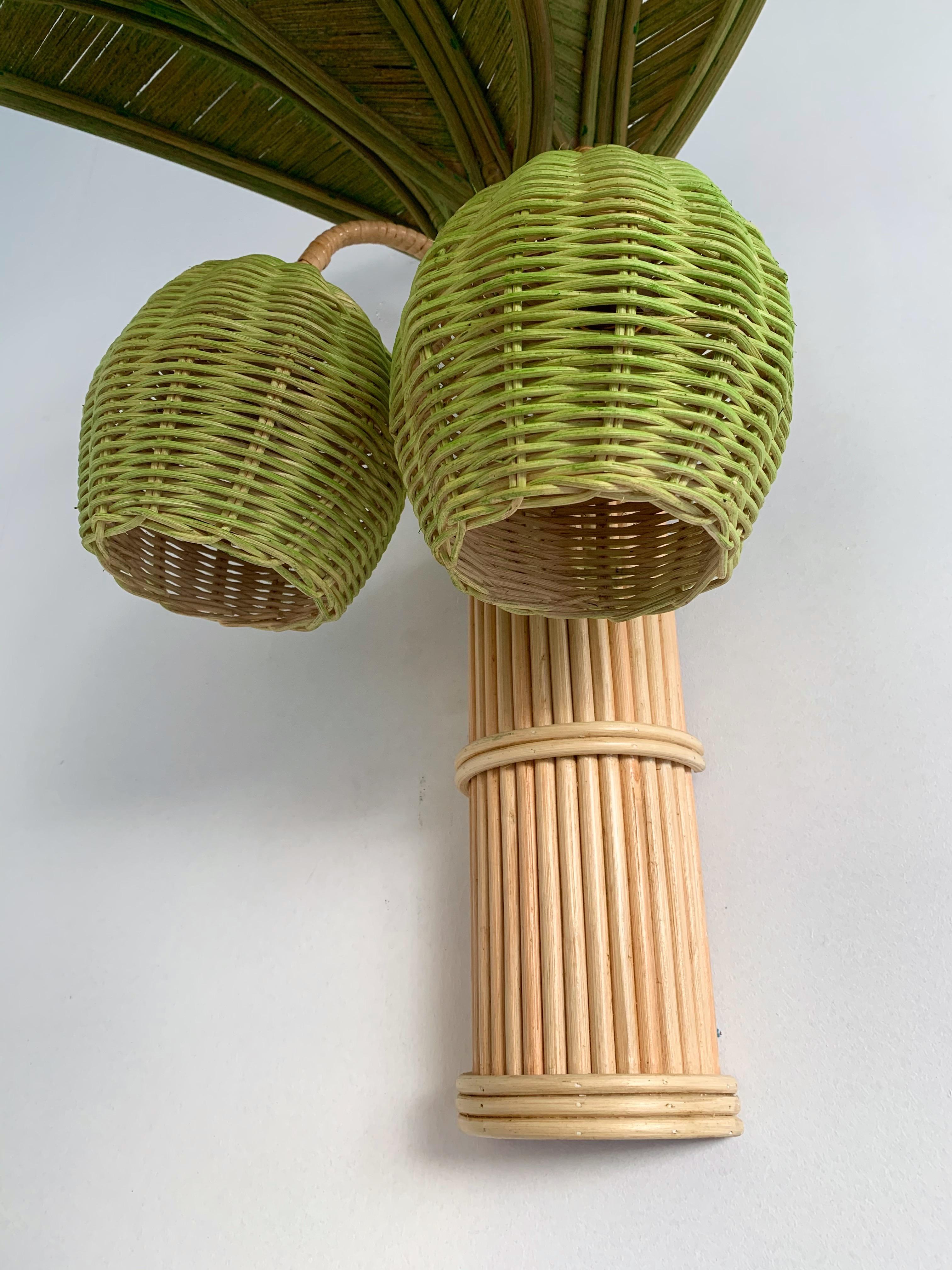 Hollywood Regency Pair of Rattan Palm Tree Sconces, France, 1980s
