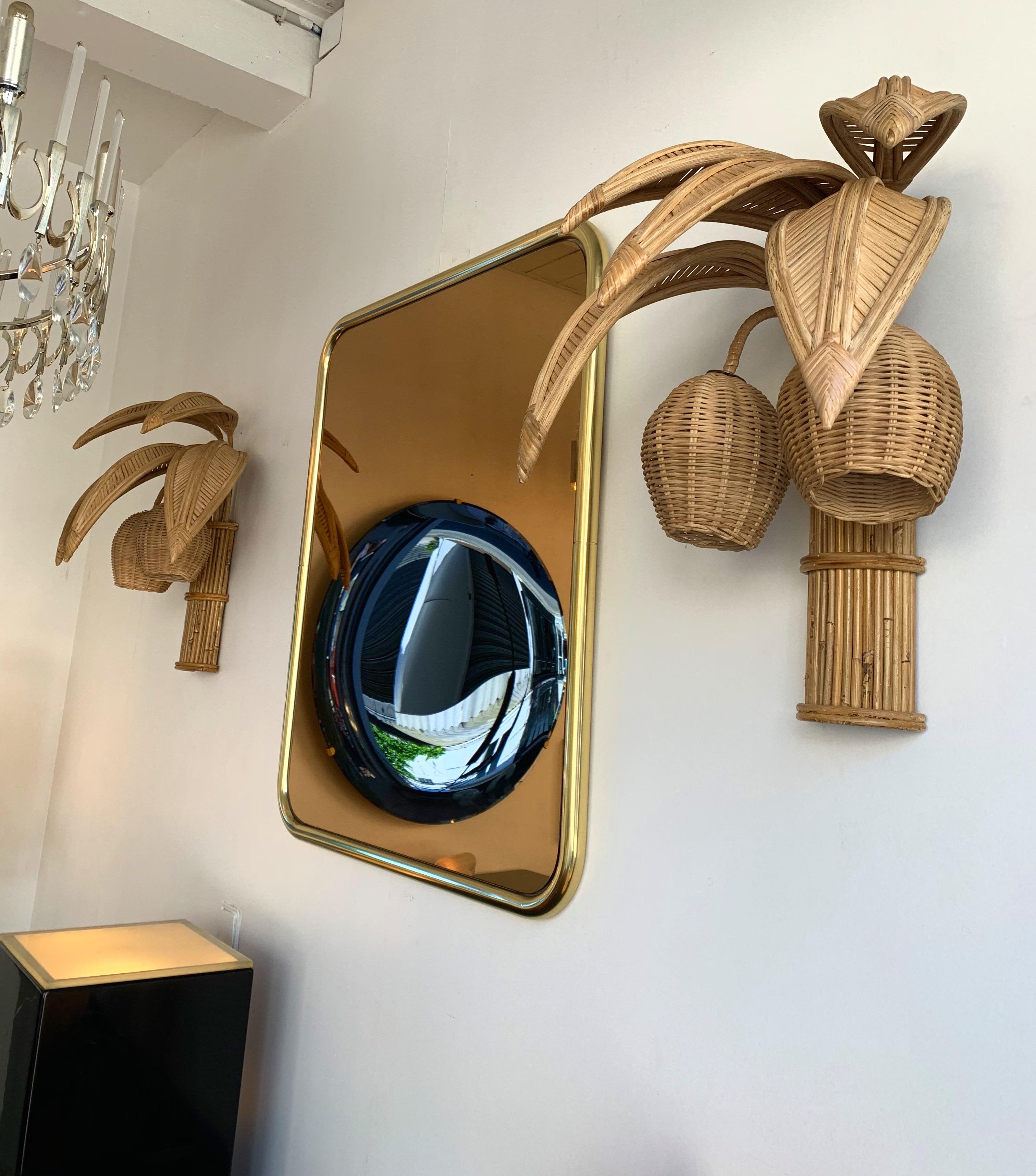 Hollywood Regency Pair of Rattan Palm Tree Sconces, France, 1980s