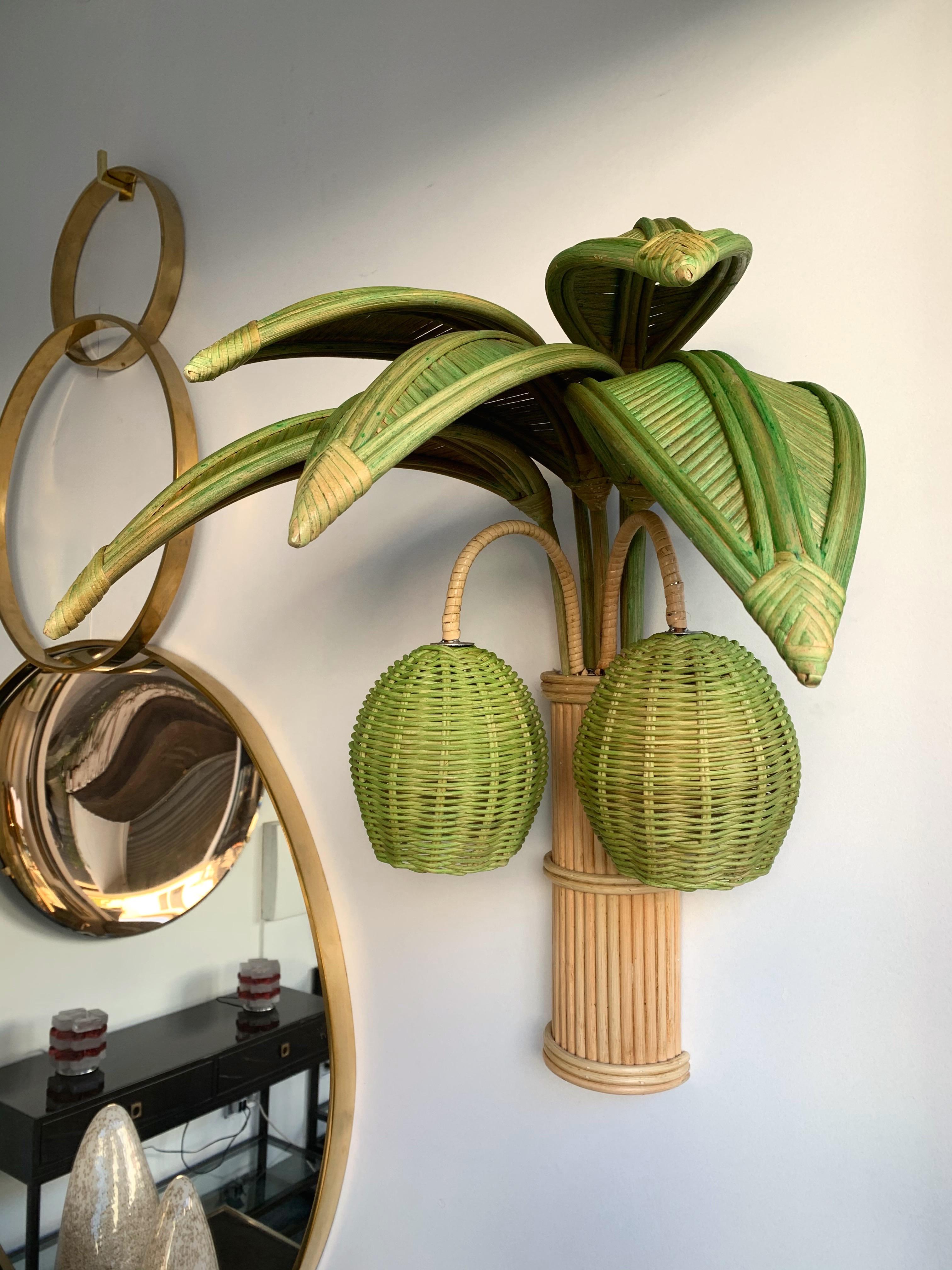 French Pair of Rattan Palm Tree Sconces, France, 1980s