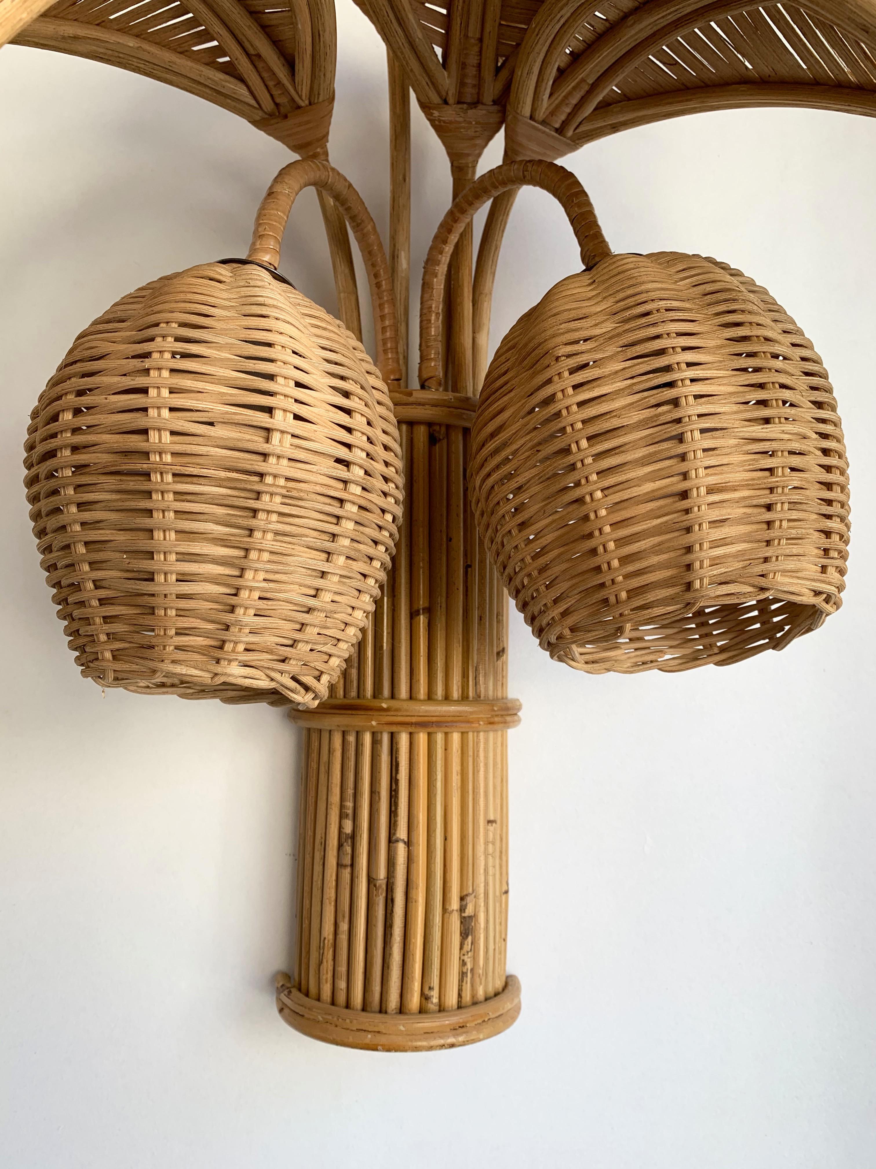 French Pair of Rattan Palm Tree Sconces, France, 1980s