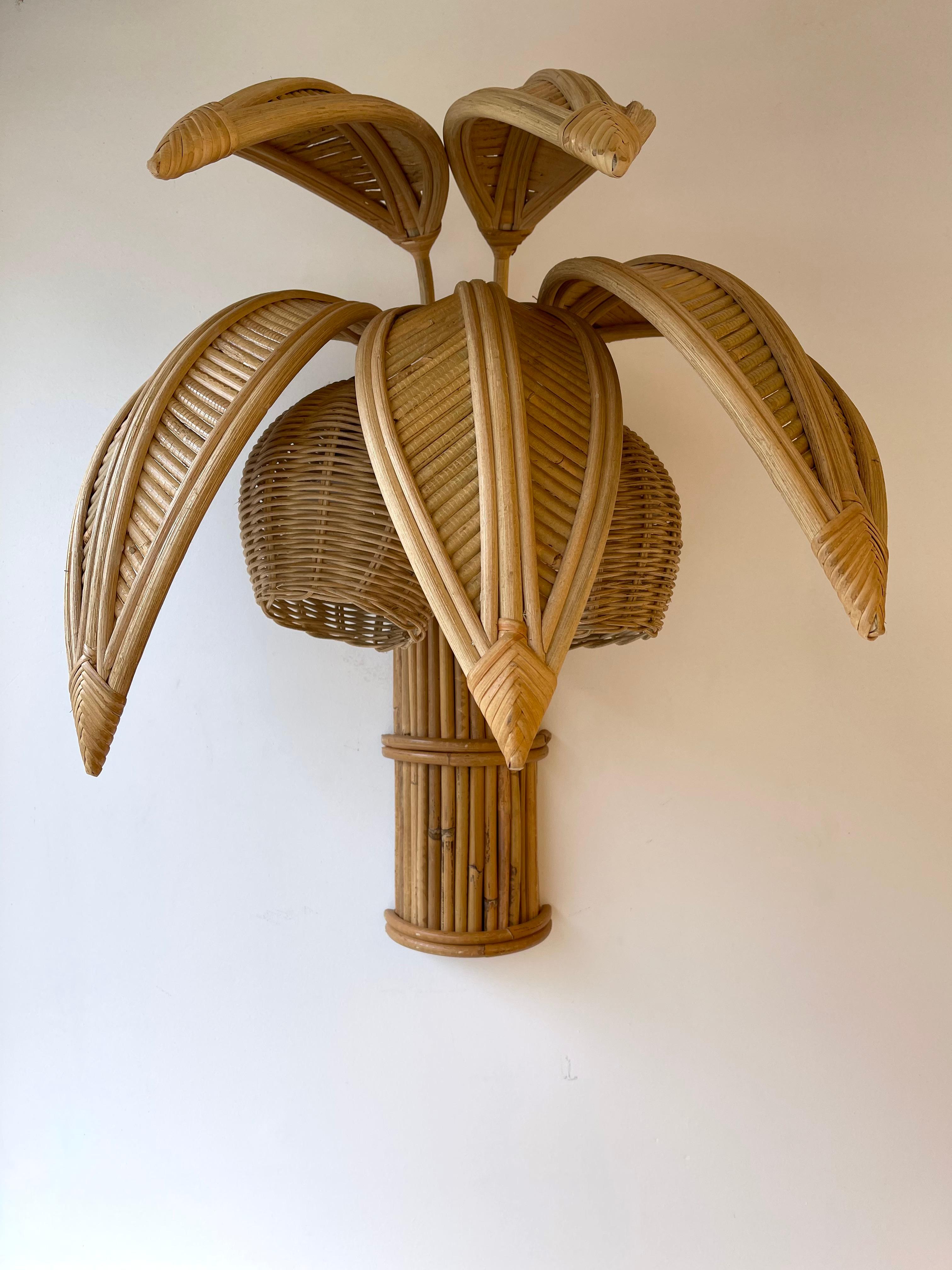 French Pair of Rattan Palm Tree Sconces, France, 1980s