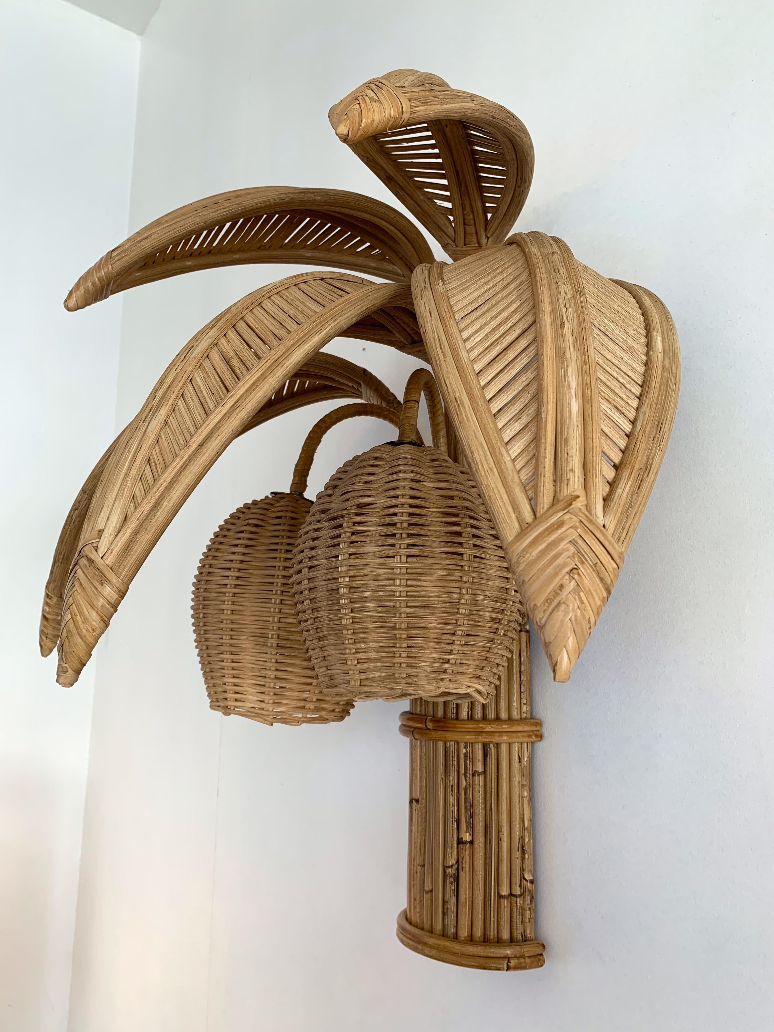 Pair of Rattan Palm Tree Sconces, France, 1980s In Good Condition In SAINT-OUEN, FR