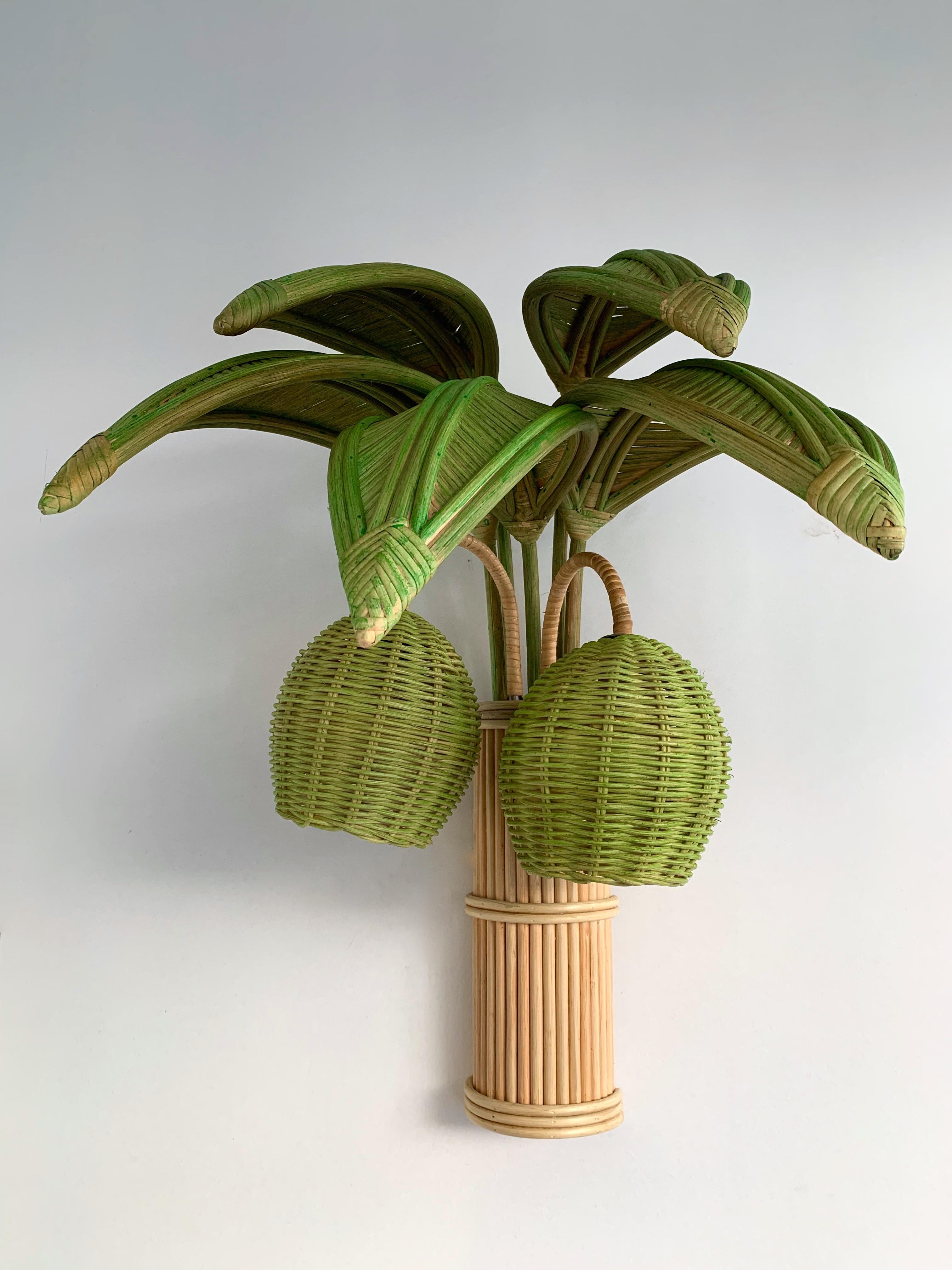 Late 20th Century Pair of Rattan Palm Tree Sconces, France, 1980s