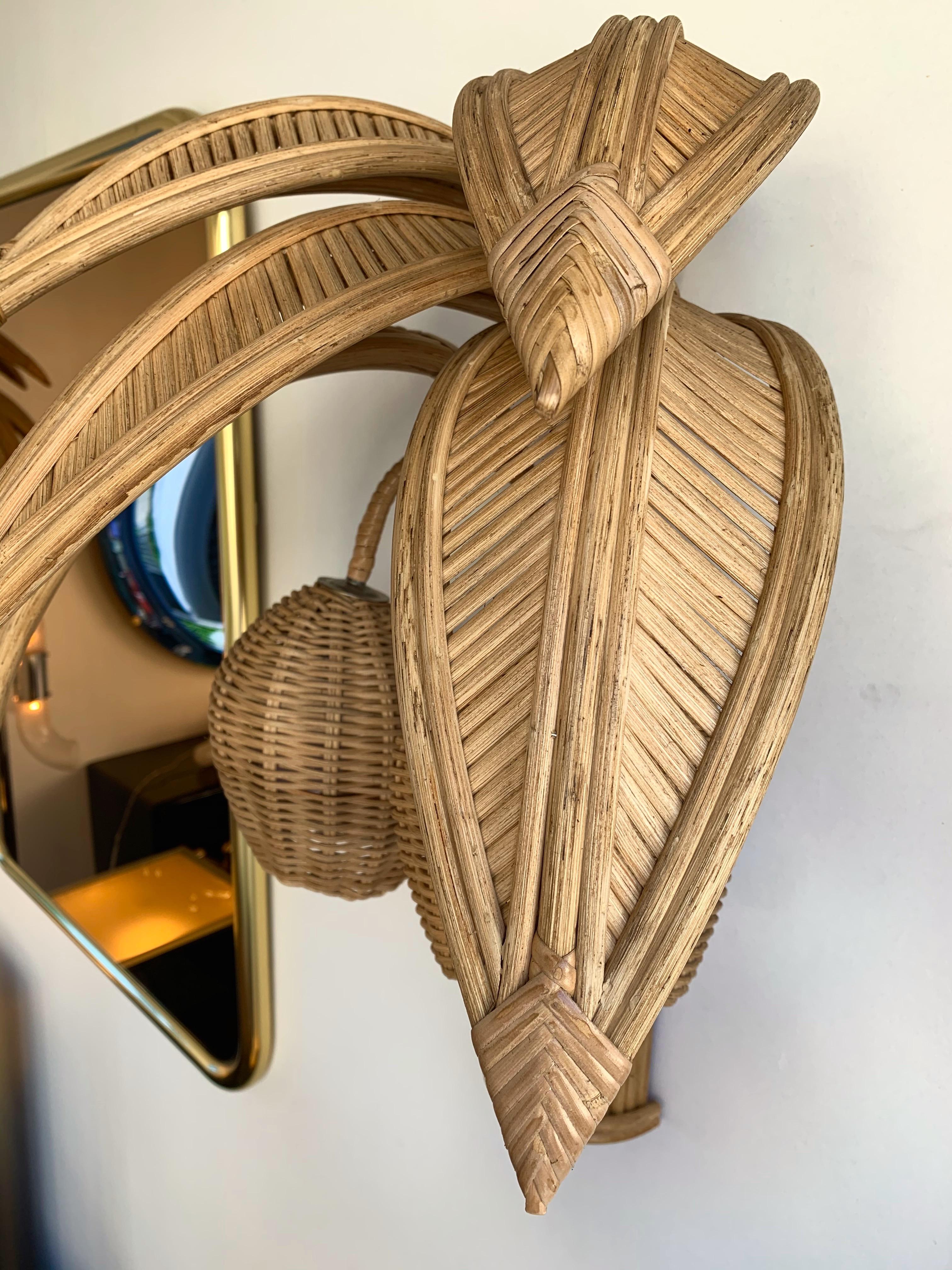 Late 20th Century Pair of Rattan Palm Tree Sconces, France, 1980s