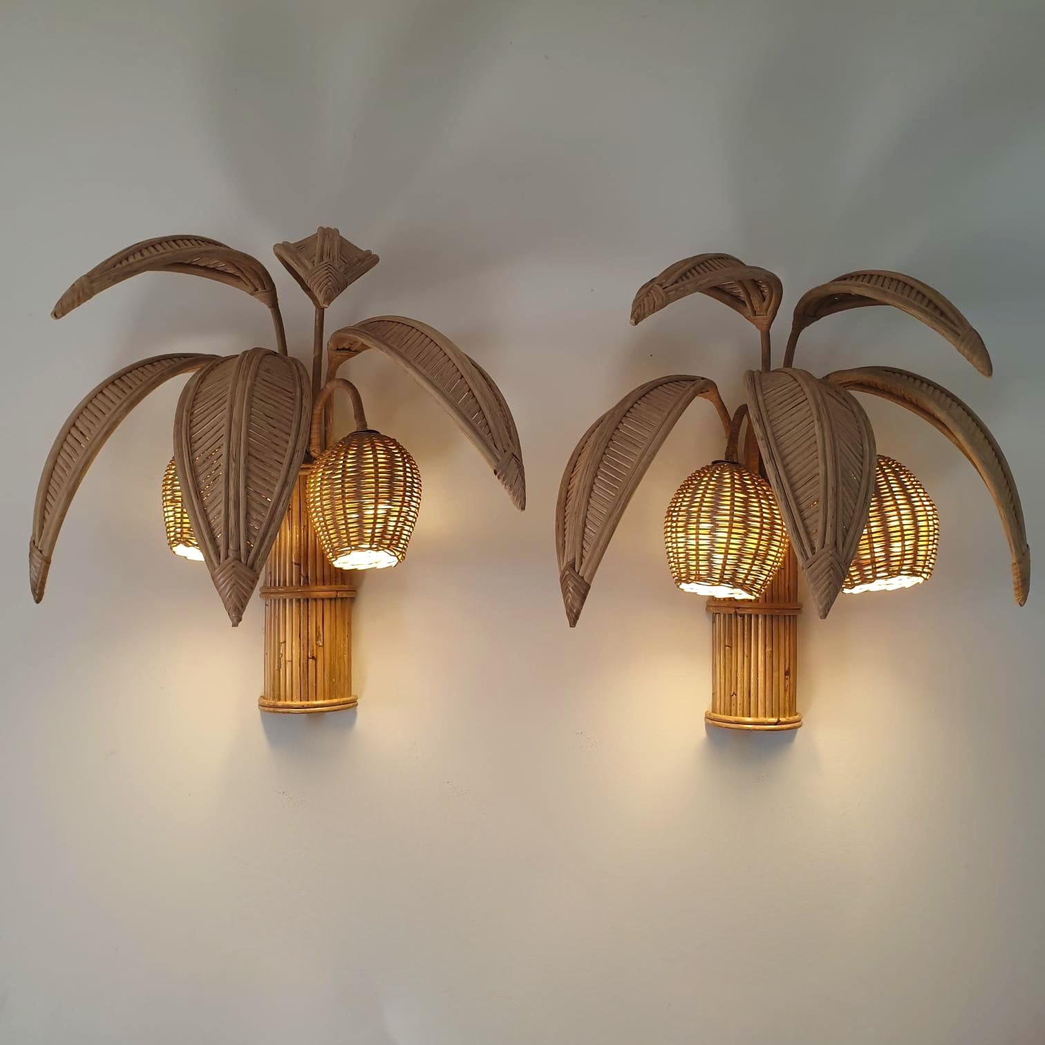 Pair of Rattan Palm Tree Sconces, France, 1980s 1