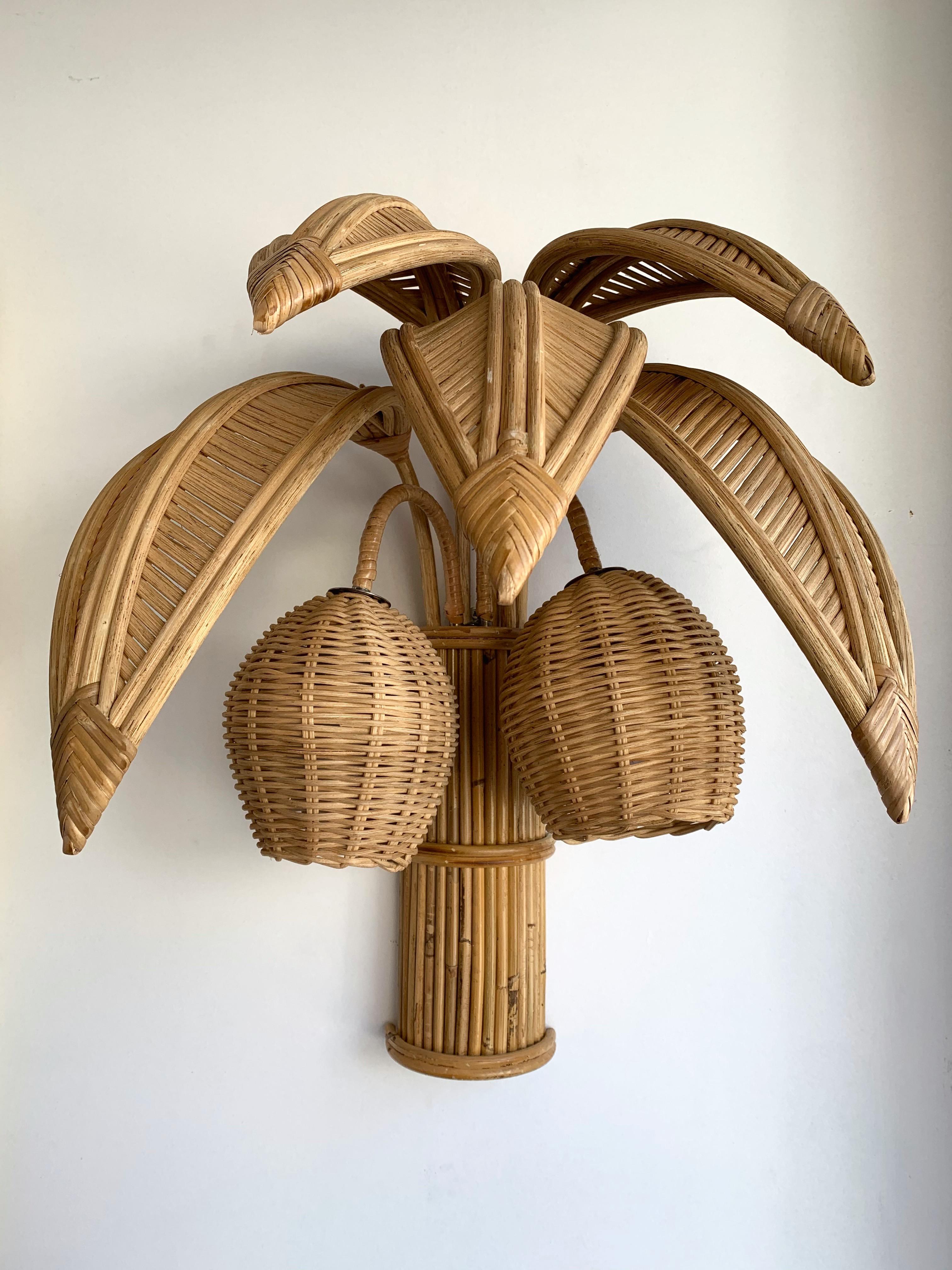 Pair of Rattan Palm Tree Sconces, France, 1980s 2