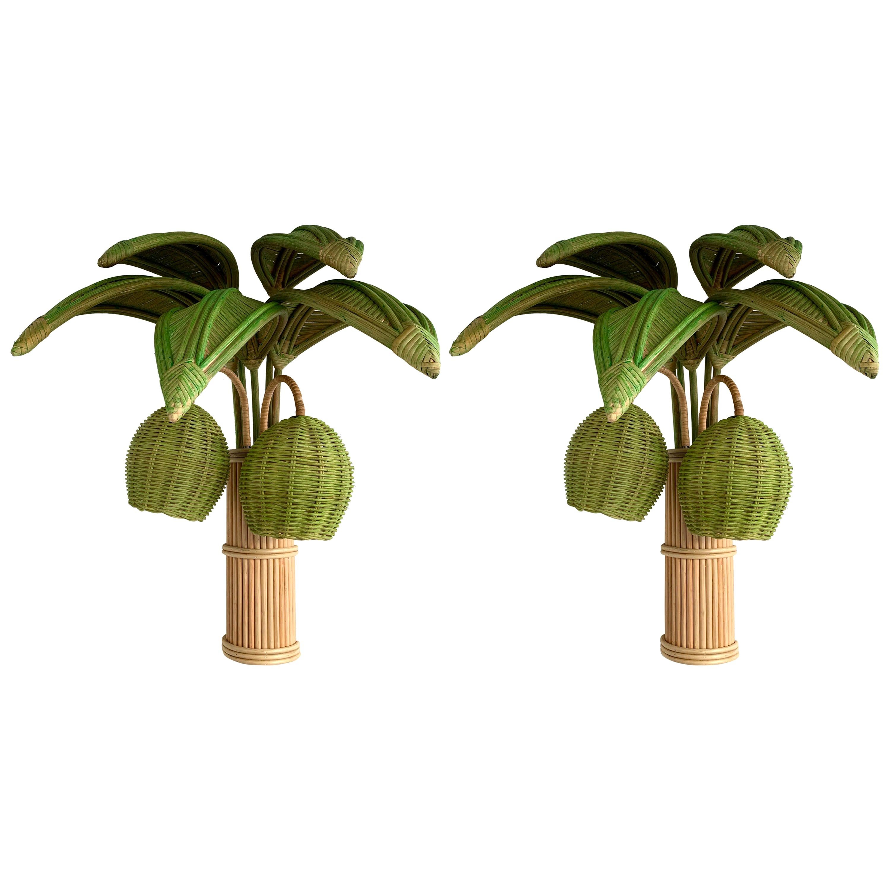 Pair of Rattan Palm Tree Sconces, France, 1980s