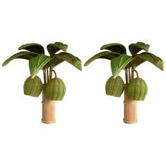 Pair of Rattan Palm Tree Sconces, France, 1980s