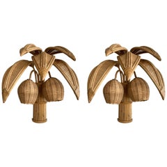 Pair of Rattan Palm Tree Sconces, France, 1980s