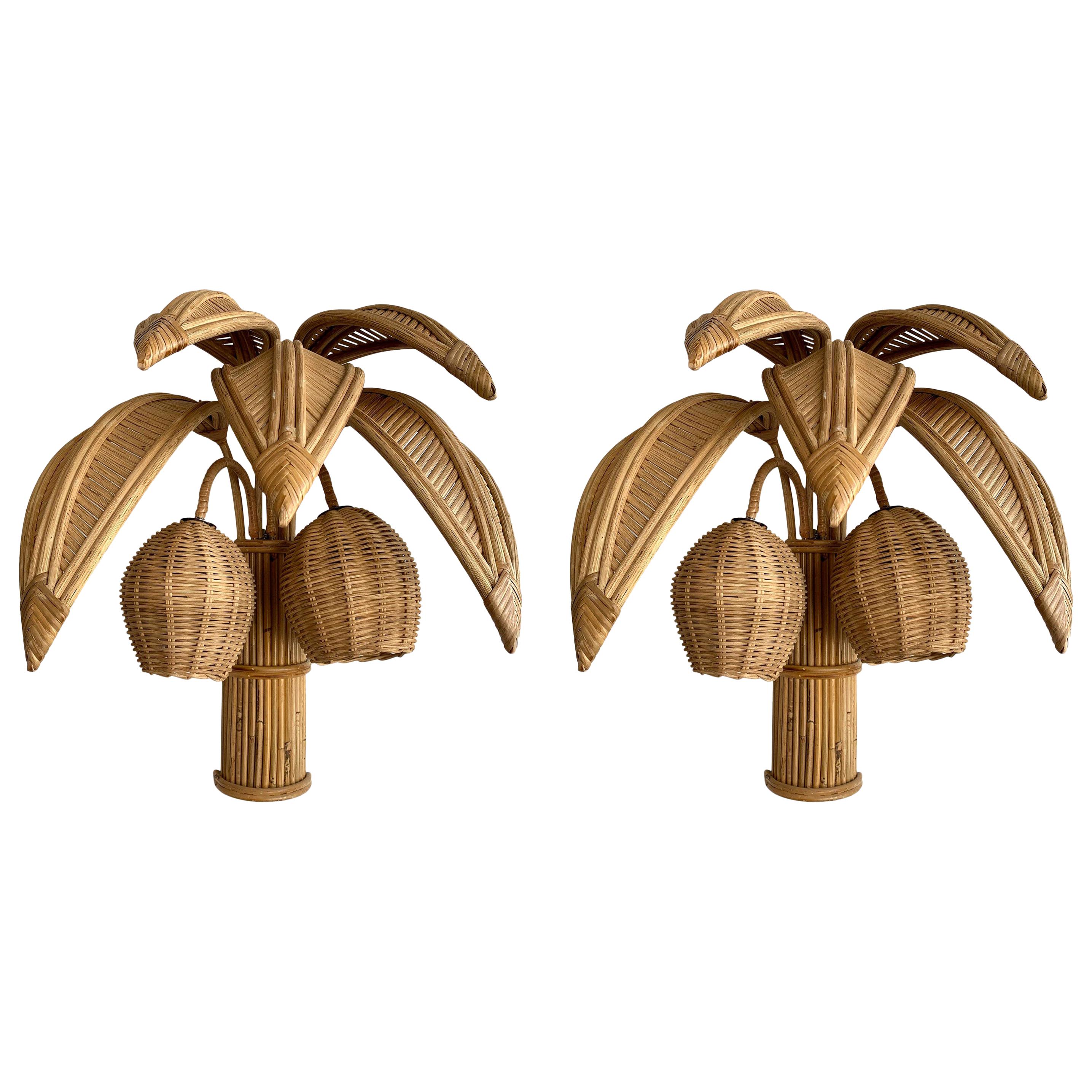 Pair of Rattan Palm Tree Sconces, France, 1980s