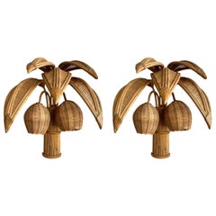 Pair of Rattan Palm Tree Sconces, France, 1980s