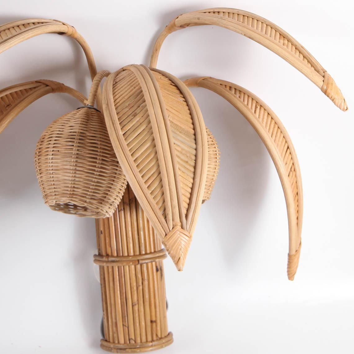 French Pair of rattan « coconut tree/ palm tree » sconces For Sale