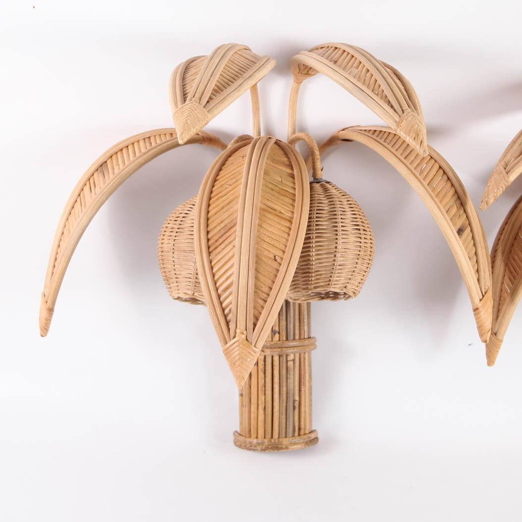 Hand-Woven Pair of rattan « coconut tree/ palm tree » sconces For Sale
