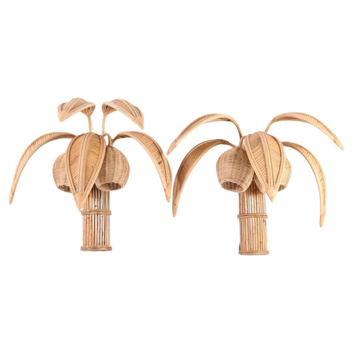 Pair of rattan « coconut tree/ palm tree » sconces For Sale