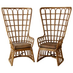 Pair of Rattan Peacock Fan Chairs with High Backs and Upholstered Cushions