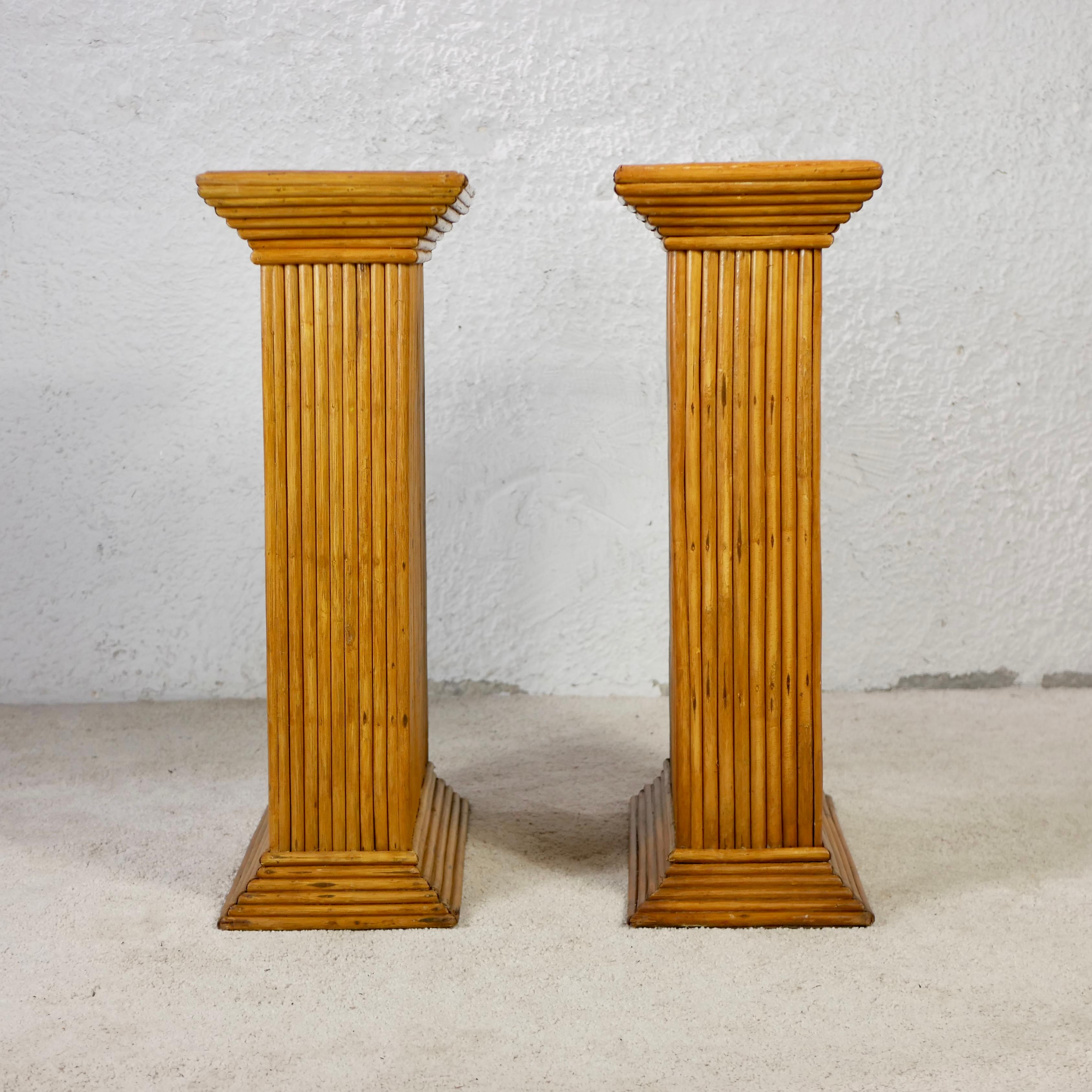 Mid-Century Modern Pair of rattan pedestals in the style of Gabriella Crespi, made in Italy, 1960s For Sale