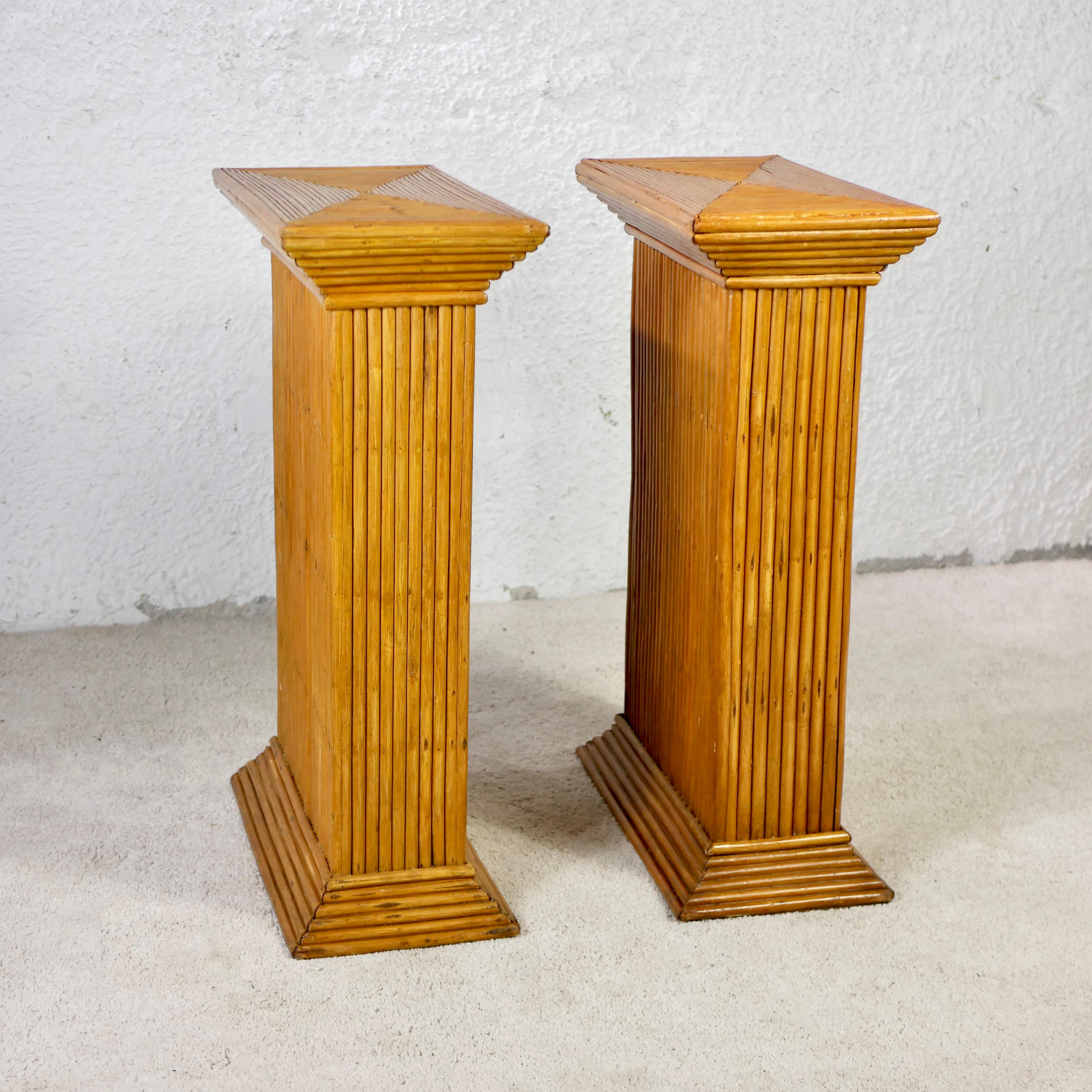 Italian Pair of rattan pedestals in the style of Gabriella Crespi, made in Italy, 1960s For Sale