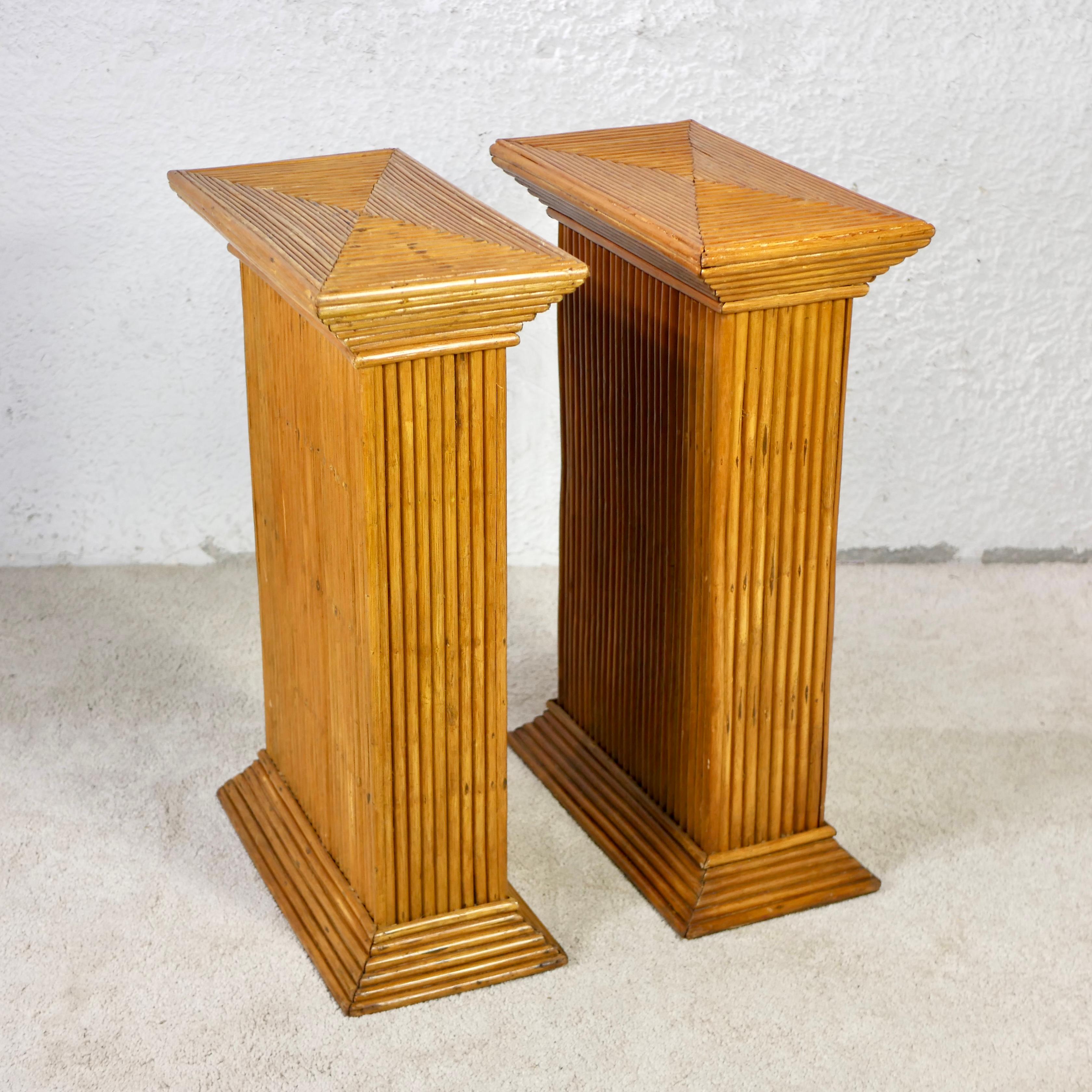 Pair of rattan pedestals in the style of Gabriella Crespi, made in Italy, 1960s In Good Condition For Sale In Lyon, FR