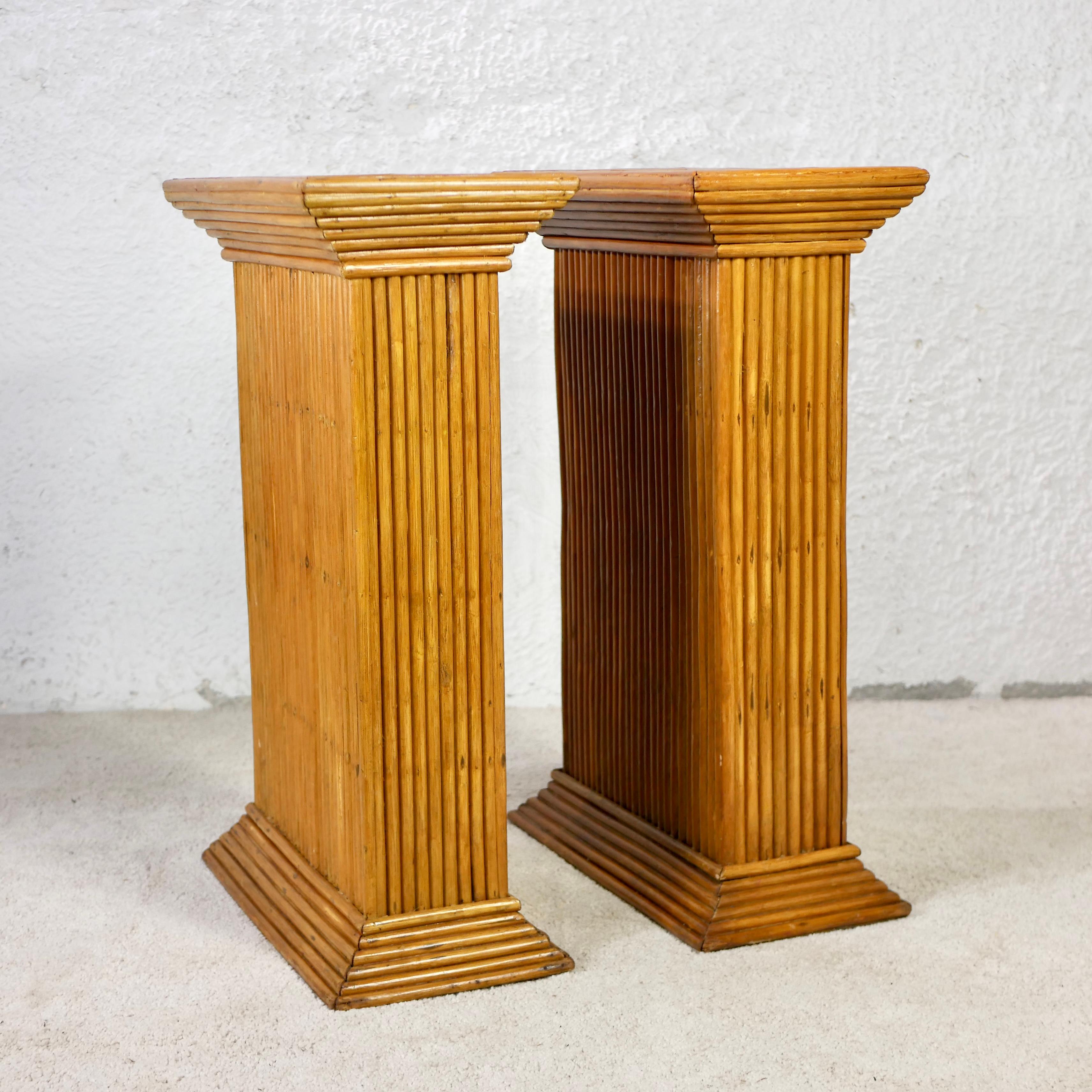 Mid-20th Century Pair of rattan pedestals in the style of Gabriella Crespi, made in Italy, 1960s For Sale