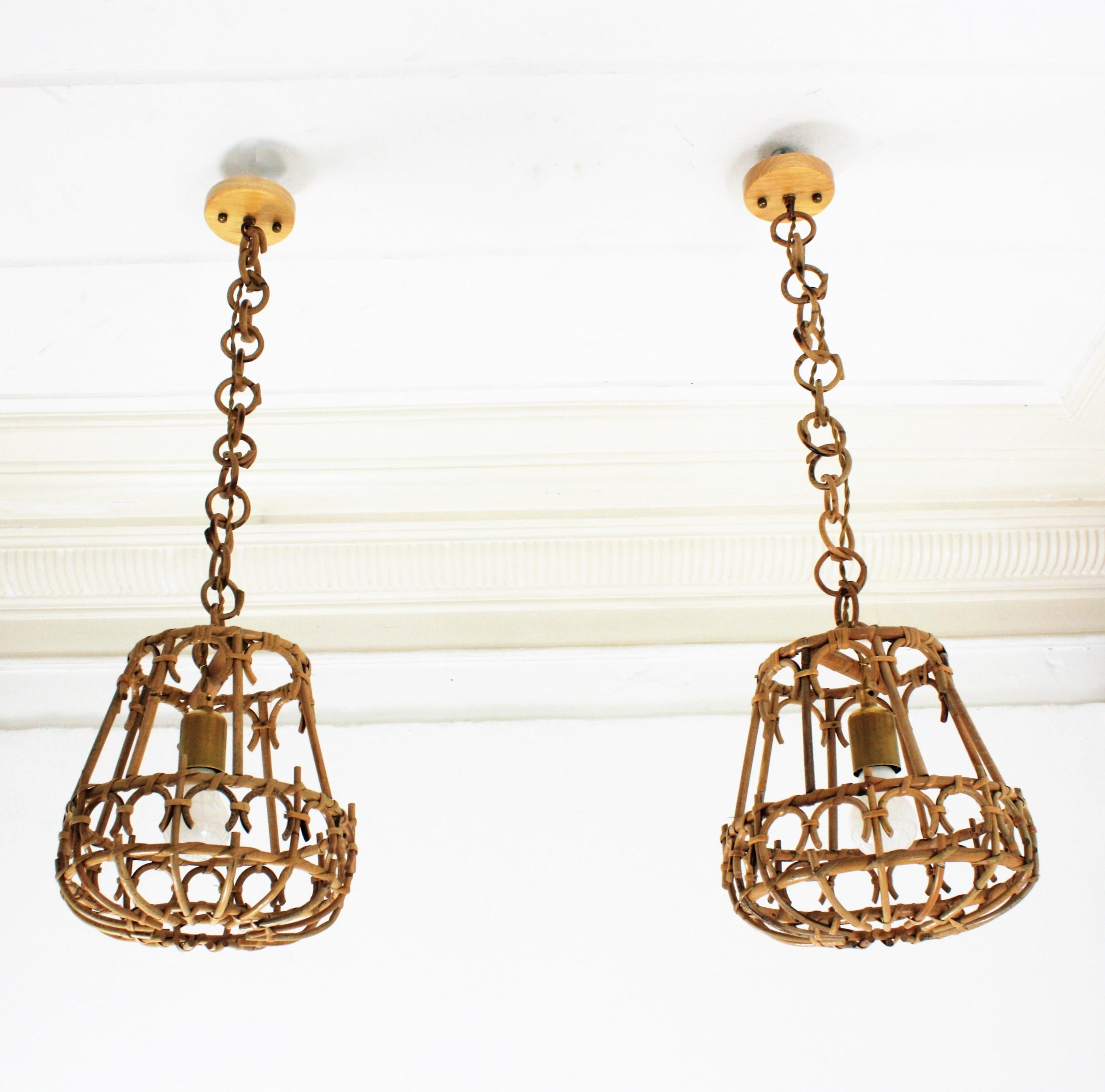 Hand-Crafted  Pair of Rattan Pendant Lights or Lanterns, 1960s For Sale