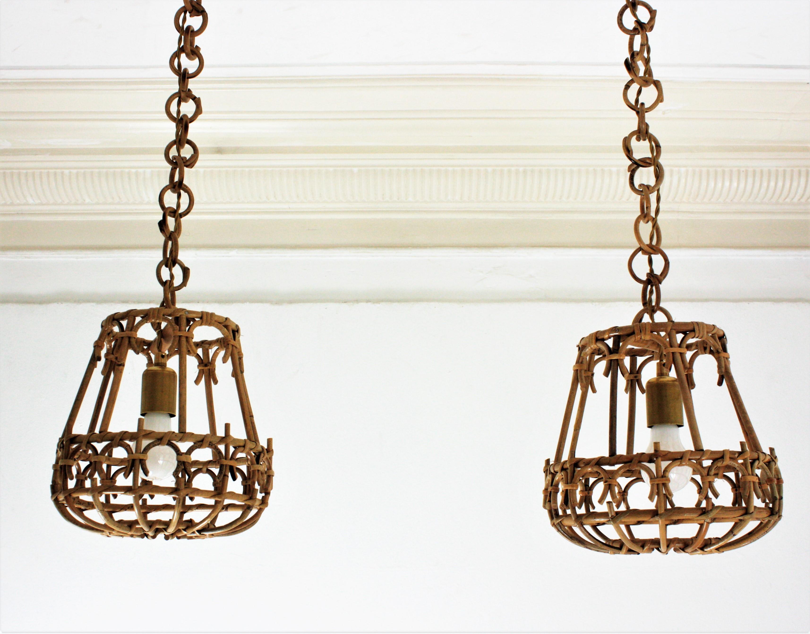 20th Century  Pair of Rattan Pendant Lights or Lanterns, 1960s For Sale