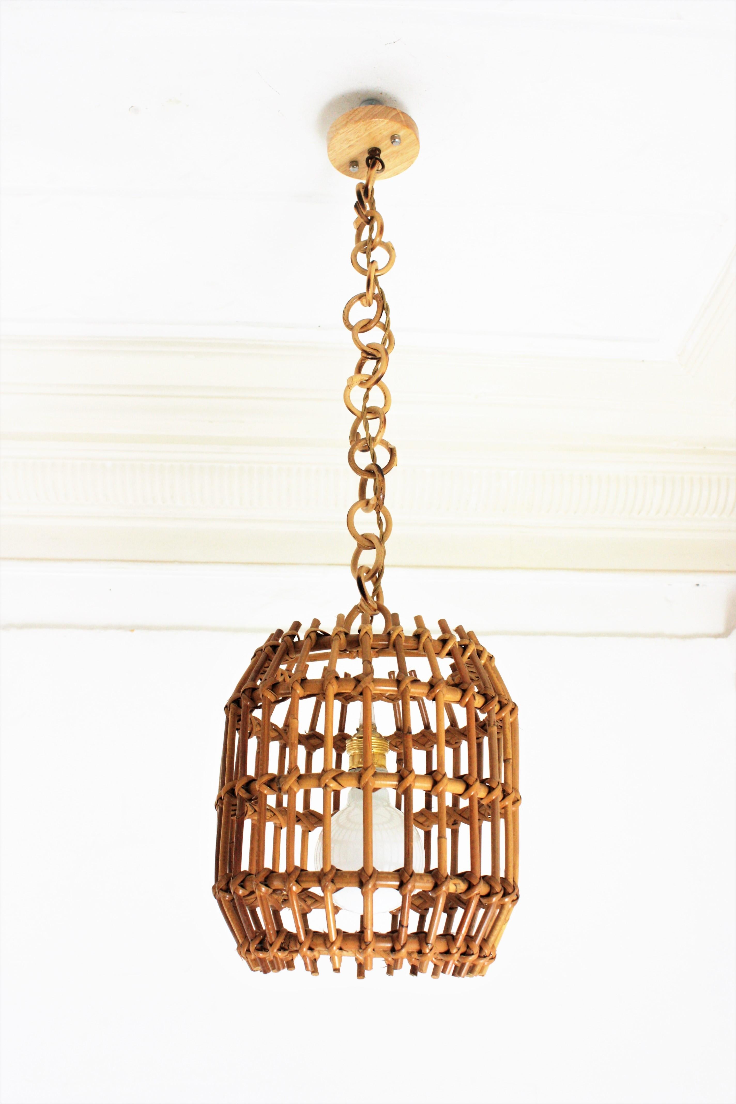 Cane Pair of Rattan Pendant Lights or Lanterns, 1960s For Sale