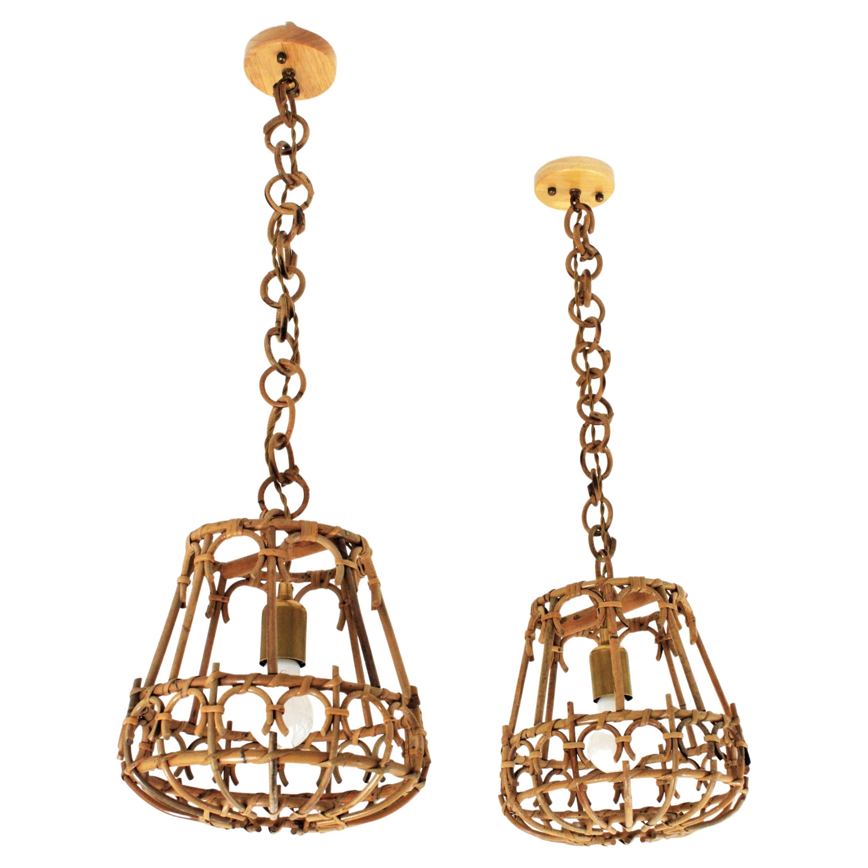  Pair of Rattan Pendant Lights or Lanterns, 1960s For Sale