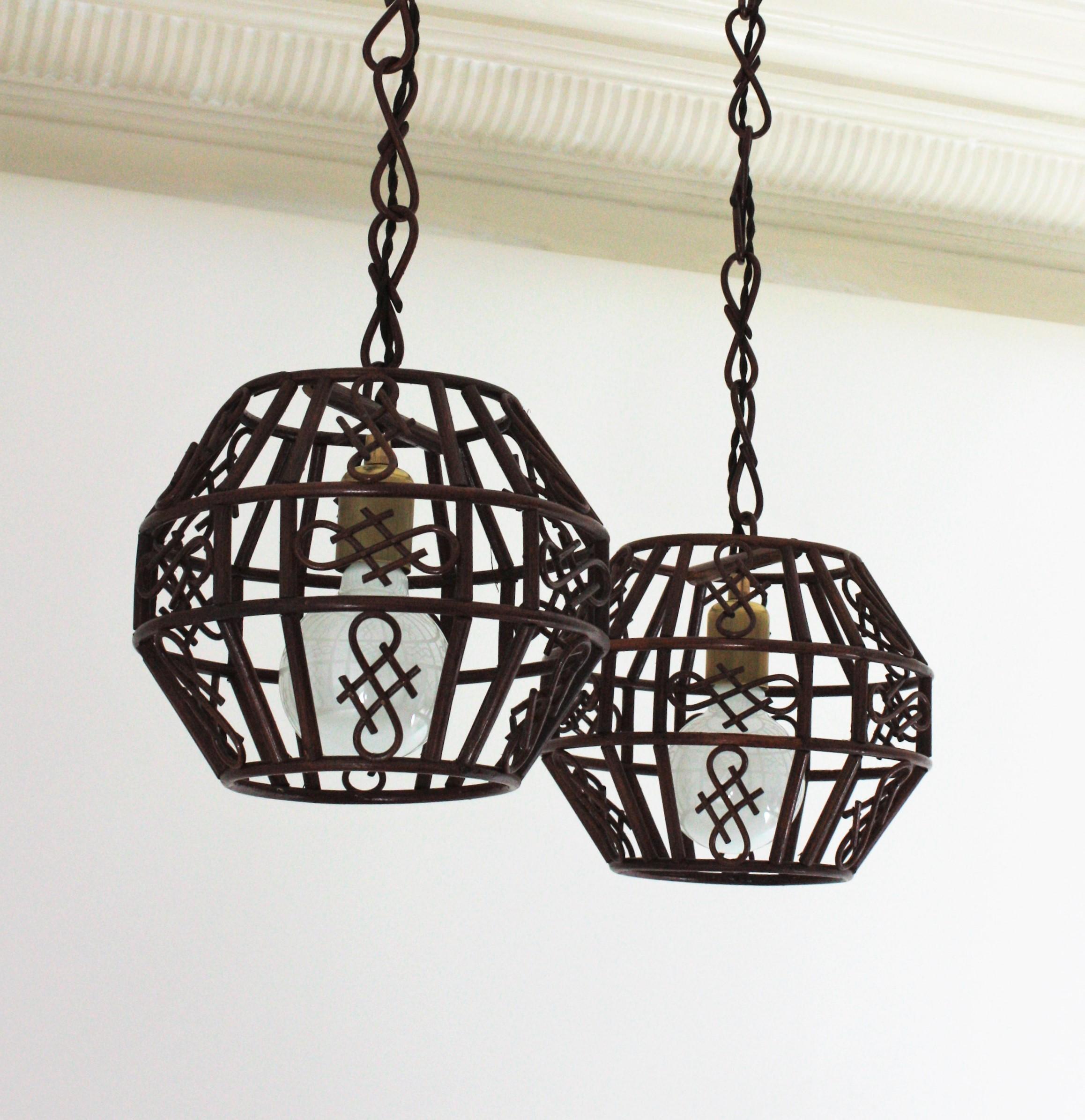 Pair of French Rattan Pendant Lights or Lanterns, 1960s For Sale 2