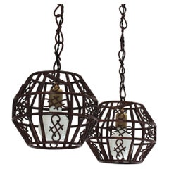 Pair of French Rattan Pendant Lights or Lanterns, 1960s