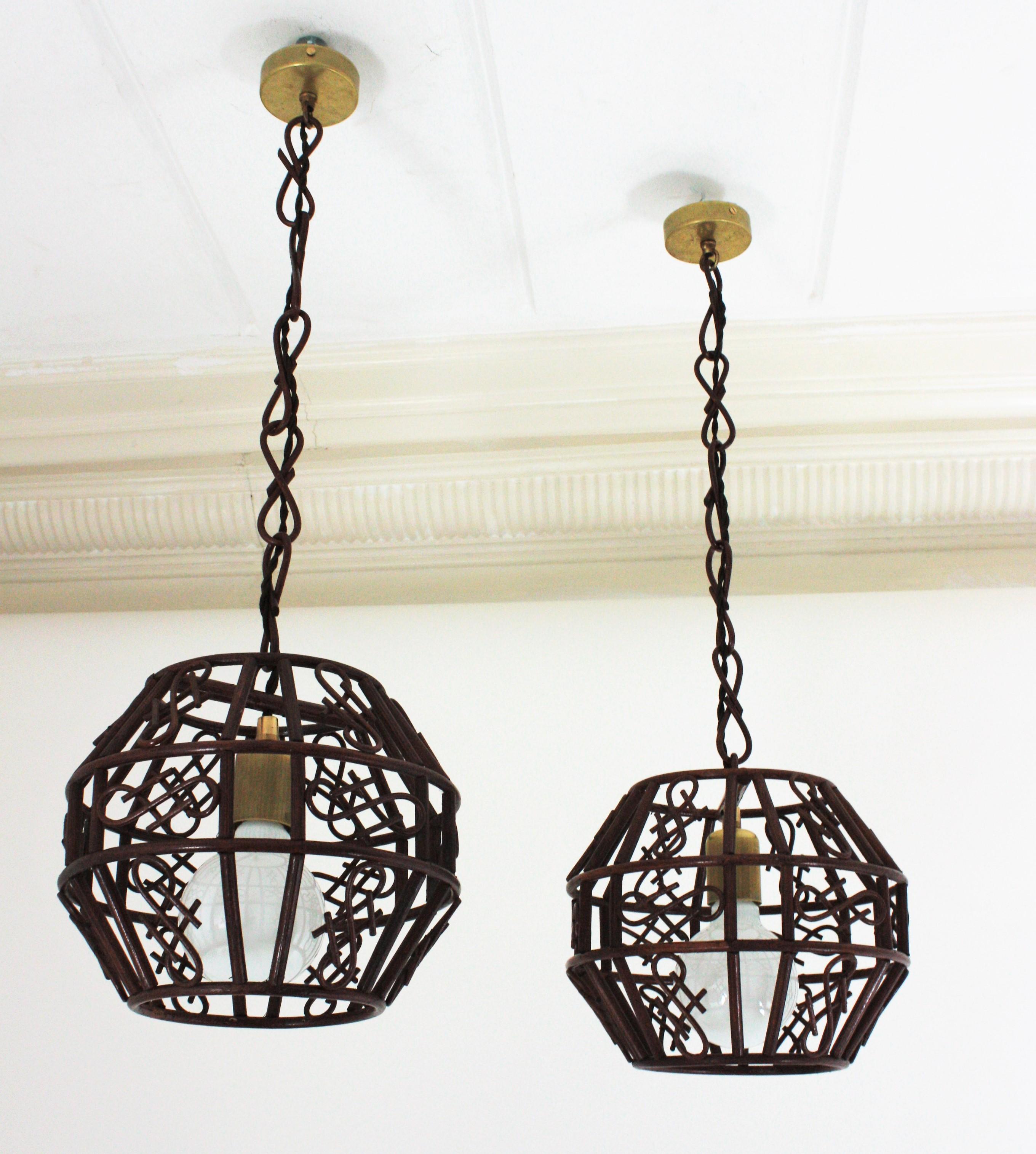 Chinoiserie Pair of French Rattan Pendant Lights or Lanterns, 1960s For Sale