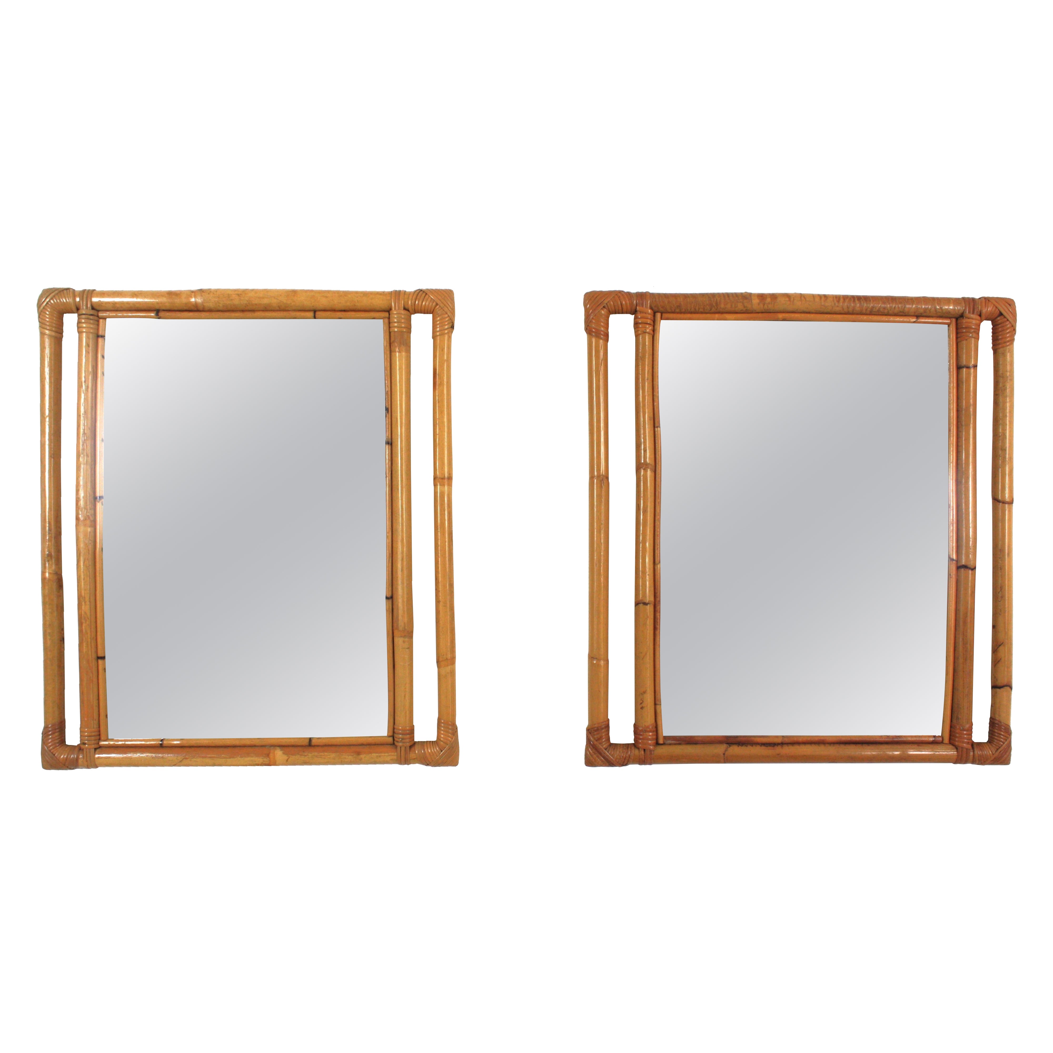 Pair of Rattan Rectangular Mirrors with Geometric Frame, Spain 1960