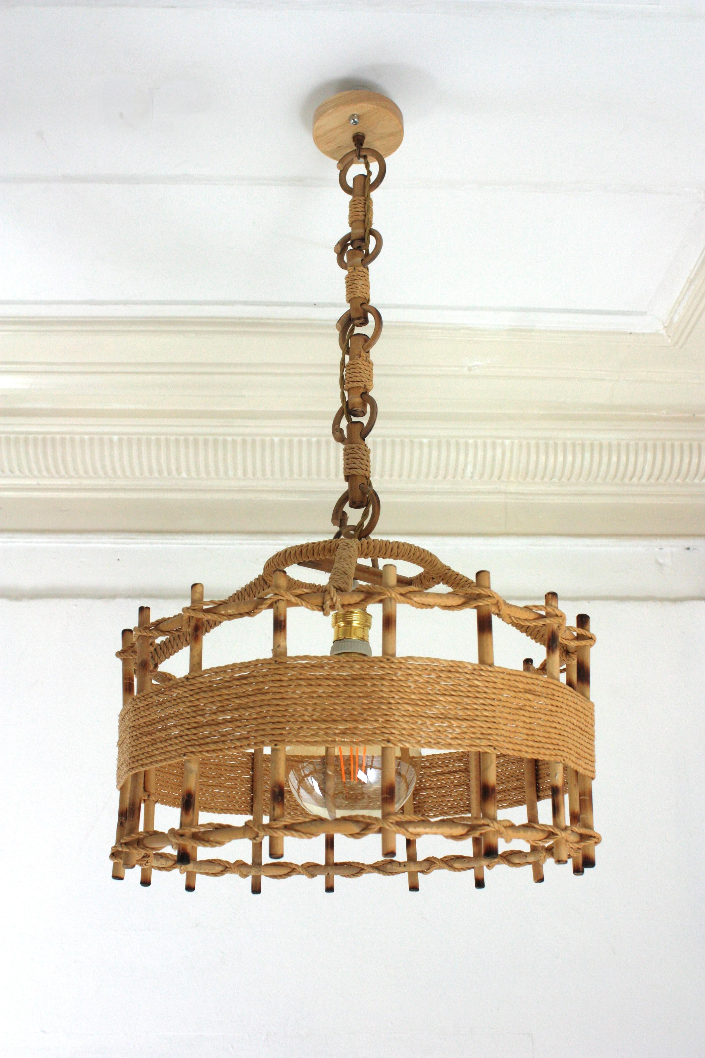Pair of Rattan Rope Large Drum Pendant Lights / Lanterns, 1960s For Sale 2